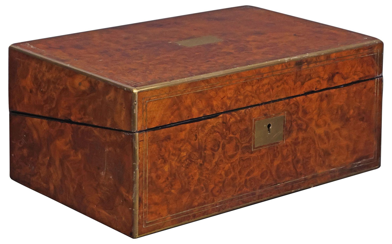 ENGLISH BRASS-LINED BURLED WALNUT WRITING SLOPE / TRAVEL DESK (1 of 8)