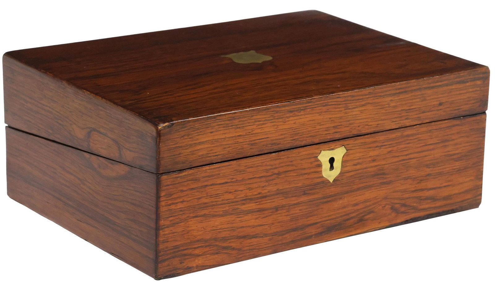 ENGLISH VICTORIAN ROSEWOOD FITTED WRITING SLOPE / TRAVEL DESK: English Victorian rosewood writing slope/travel desk, 19th c., the lid centering a vacant shield-form cartouche, fitted interior with covered storage, stamp and ink receptacles, later red leather surf