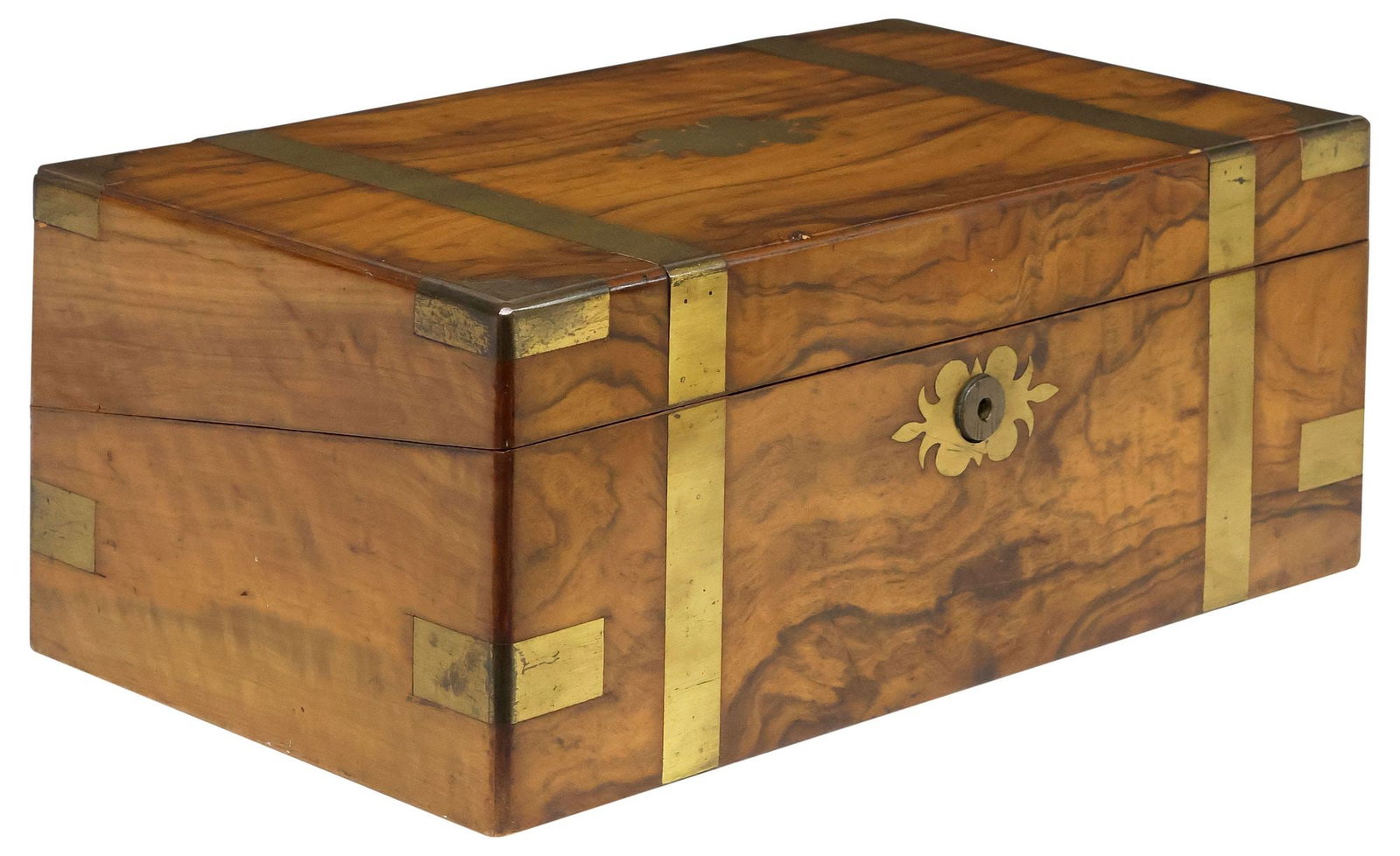 ENGLISH BRASS-BOUND FIGURED WALNUT WRITING SLOPE / TRAVEL DESK: English brass-bound walnut writing slope, 19th c., the highly figured case with fancy brass cartouche and escutcheon, interior fitted with ink receptacles, pencil storage and stamp trough, wood writin