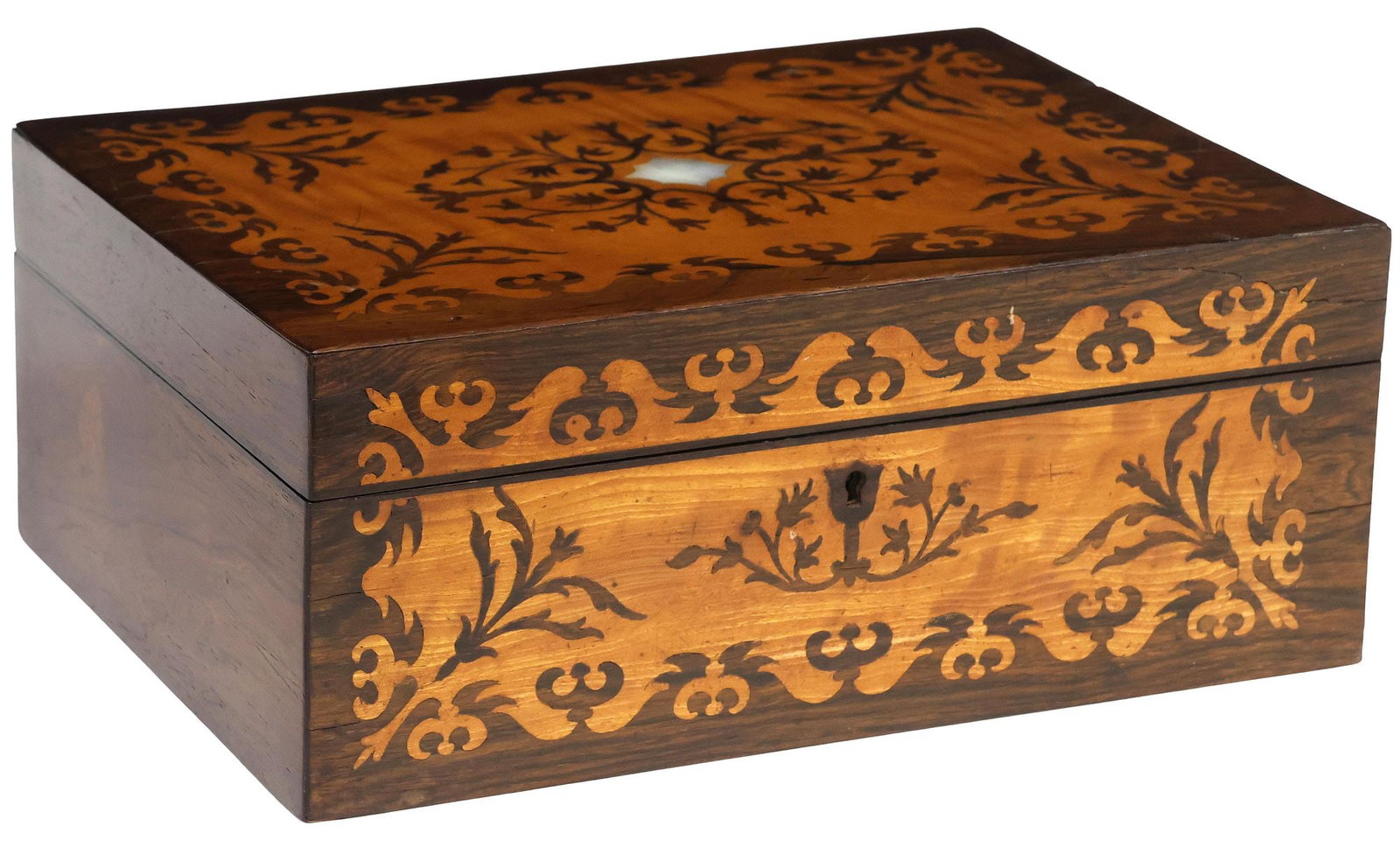 ENGLISH CONTRASTING MARQUETRY INLAID SEWING / WORK BOX, 19THC. (1 of 6)