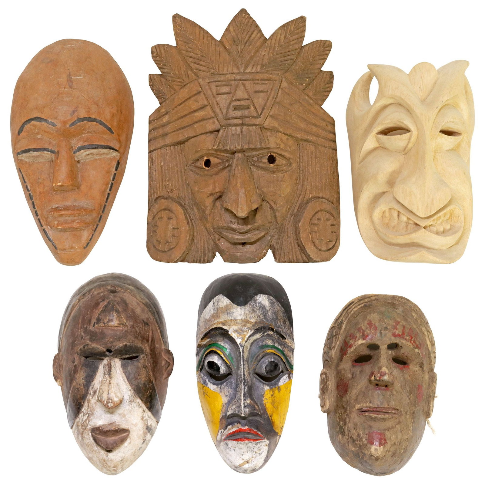 (6) AFRICAN & CENTRAL AMERICA MASKS CARVED WOOD MASKS (1 of 4)