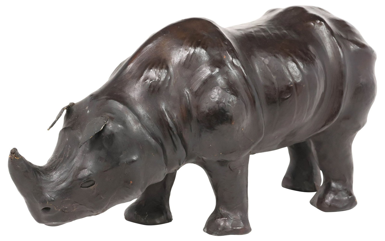 LARGE LEATHER-CLAD ANIMAL SCULPTURE, RHINOCEROS, 21"L (1 of 5)