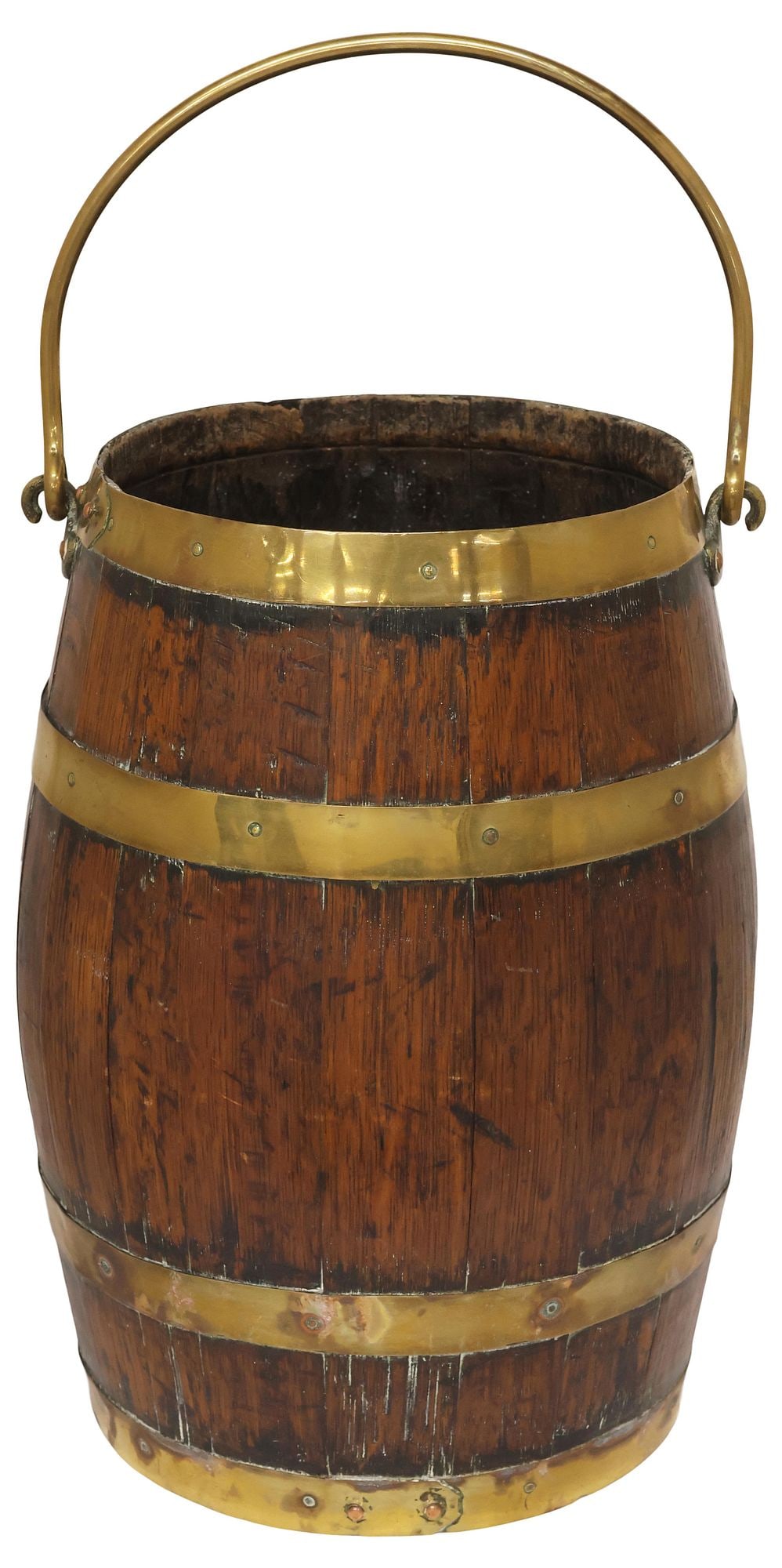ENGLISH BRASS-BANDED COOPERED OAK BARREL / COAL BUCKET (1 of 5)