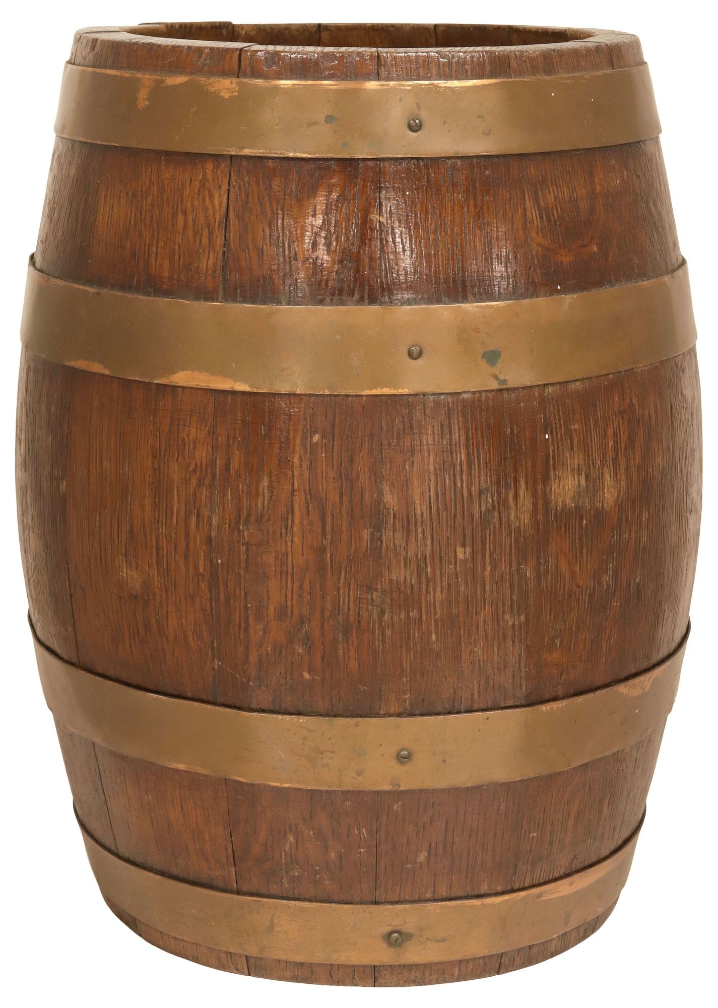 ENGLISH EDWARDIAN COPPER-BANDED COOPERED OAK BARREL: Small English Edwardian coopered oak stave barrel, early 20th c., with copper bands, approx 15.25"h, 10.5"diam, 11.75lbs