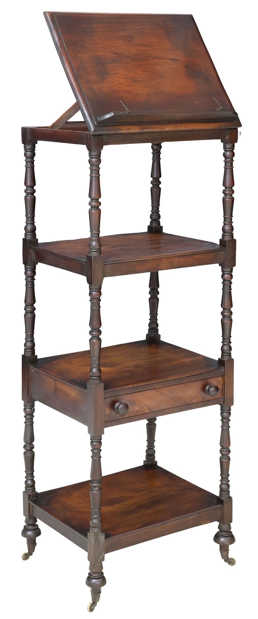 ENGLISH REGENCY PERIOD FLAME MAHOGANY 4-TIER LECTERN / BOOK STAND: English Regency period flame mahogany lectern or book stand, early 19th c., having adjustable hinged top with lower shelf, over three additional rectangular tiers, central tier fitted with frieze