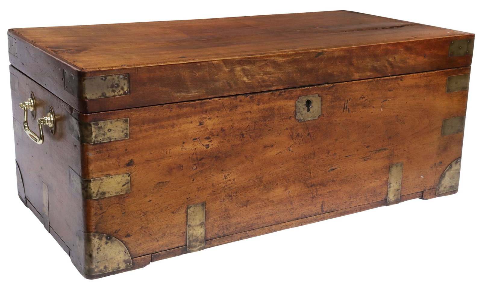 ENGLISH BRASS-BOUND CAMPHOR CAMPAIGN STORAGE CHEST: English camphor campaign storage trunk/ box, 19th c., rectangular case with brass strapping and dual side handles, hinges lid enclosing open interior storage, approx 11.75"h, 29"w, 14.75"d, 25.25lbs