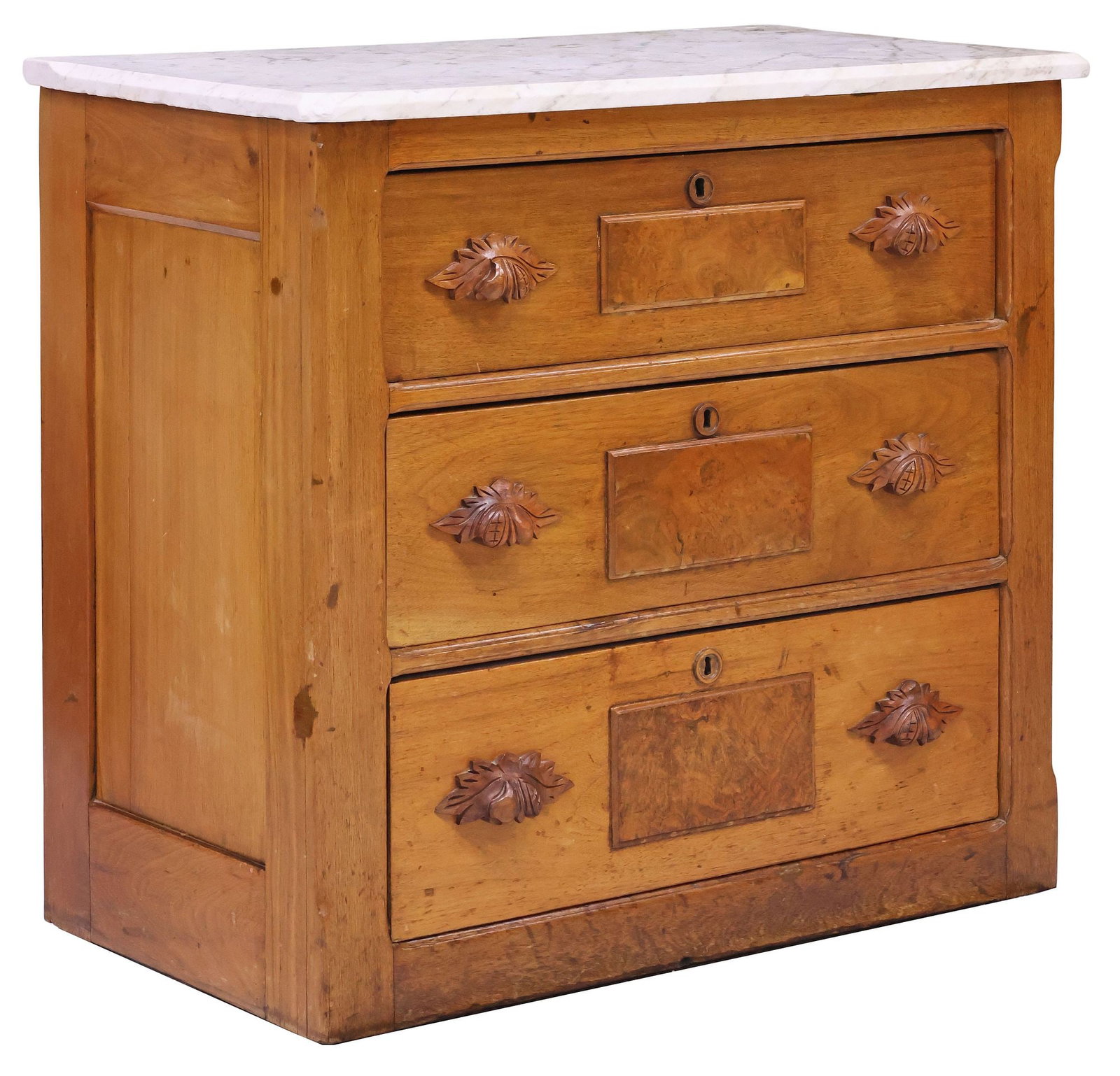 AMERICAN MARBLE-TOP PINE WASH STAND / CHEST OF DRAWERS, 19TH C.: American pine wash stand/ chest of drawers, late 19th c., having rectangular marble top, over three drawers with Knapp cove-and-pin joinery, inset burlwood panels and carved foliate pulls, rising on p