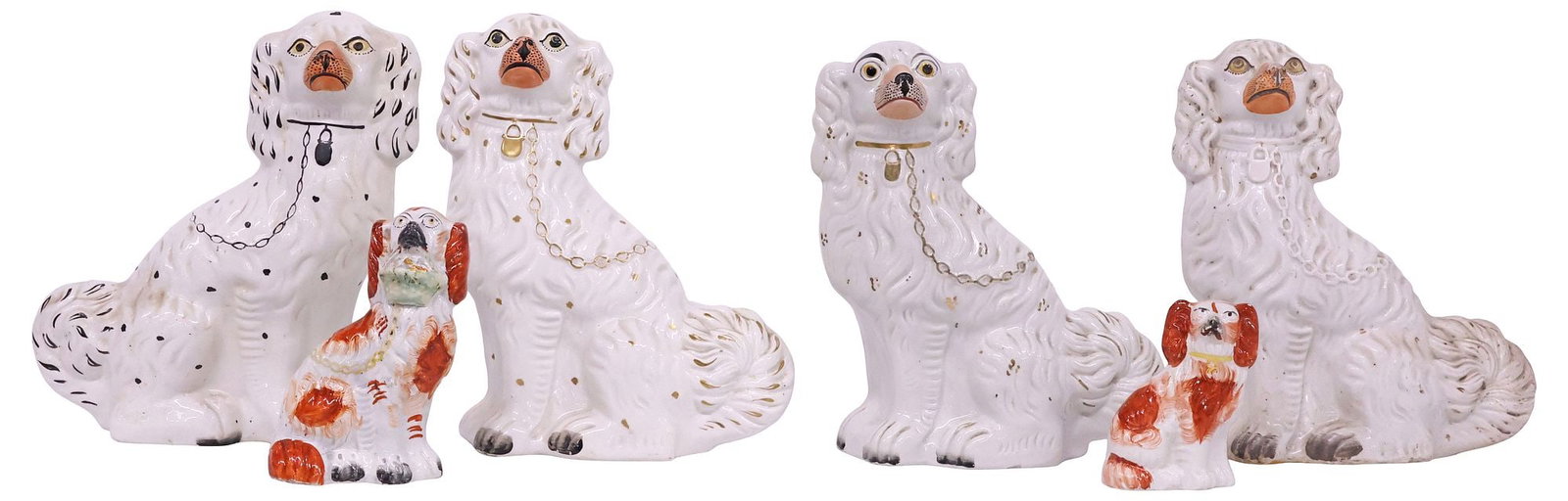 (6) ENGLISH VICTORIAN STAFFORDSHIRE MANTEL DOGS: (lot of 6) English Victorian Staffordshire mantel dogs, late 19th c., each modeled as a seated spaniel with painted features, varied coloration and sizes, including: (3) with remnants of parcel-gilt d