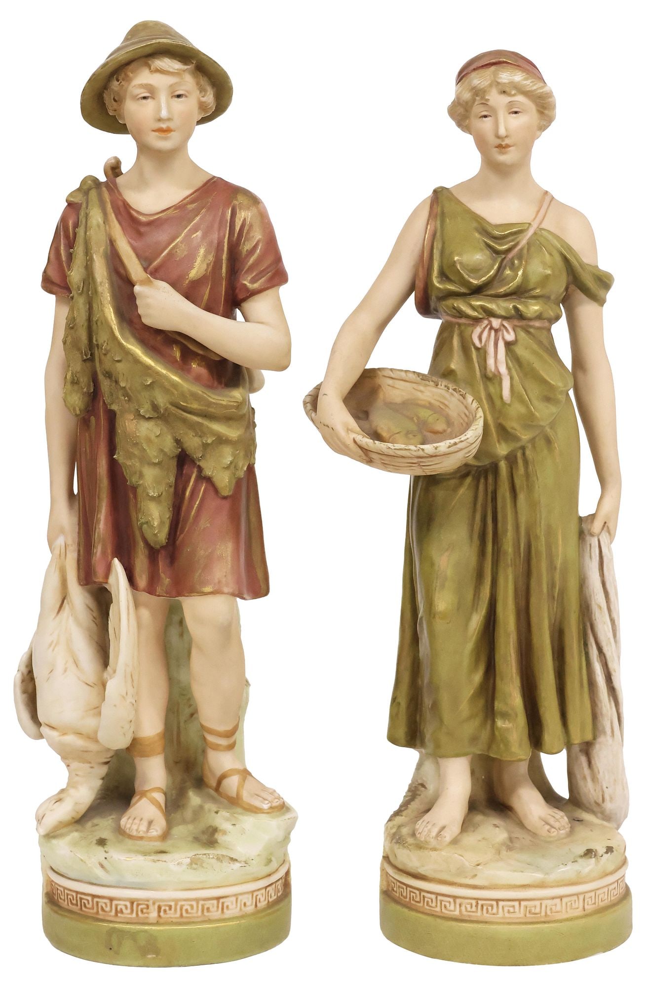 (2) BOHEMIAN ROYAL DUX HAND-PAINTED PORCELAIN PEASANT FIGURES: (lot of 2) Bohemian hand-painted porcelain peasant figures, Royal Dux, 20th c., each rising on integral socle with Greek key trim, maker's marks underfoot, incised initials AH at back of base, includi