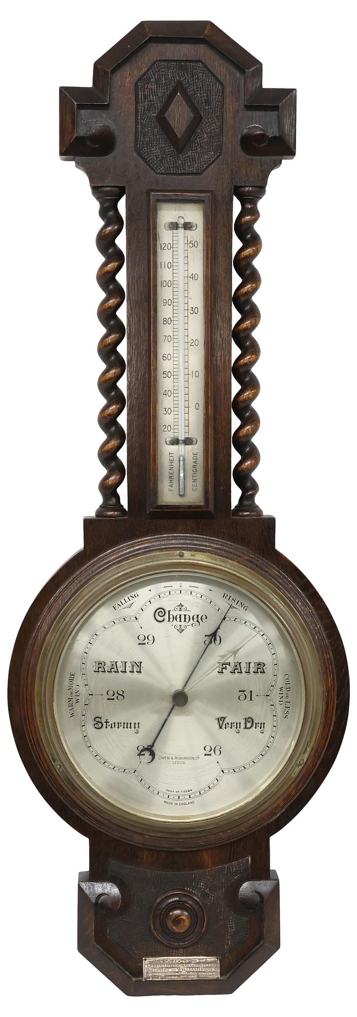 ENGLISH CARVED OAK BARLEY TWIST WALL-HANGING BAROMETER (1 of 7)