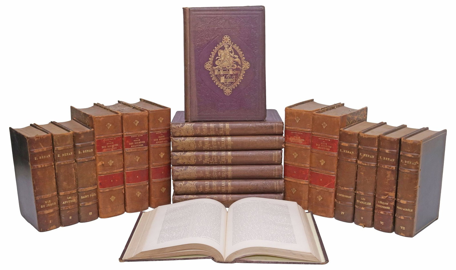 (20) FRENCH & ENGLISH LEATHER-BOUND LIBRARY SHELF BOOKS: (lot of 20) French and English library shelf books, various history, religion, and law subjects, all with gilt-embossed tan leather binding, many with raised spine bands and marbleized covers, includi