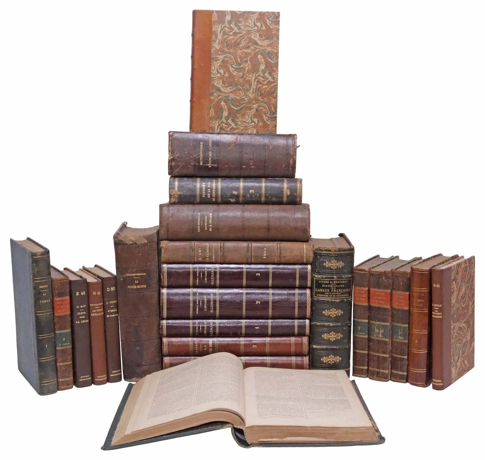 (23) FRENCH LEATHER-BOUND LIBRARY SHELF BOOKS, HISTORY & DICTIONARIES: (lot of 23) French library shelf books, various history, literature, and dictionaries, all with gilt-embossed leather binding and marbleized cover, many with raised spine bands, highlights include: (3