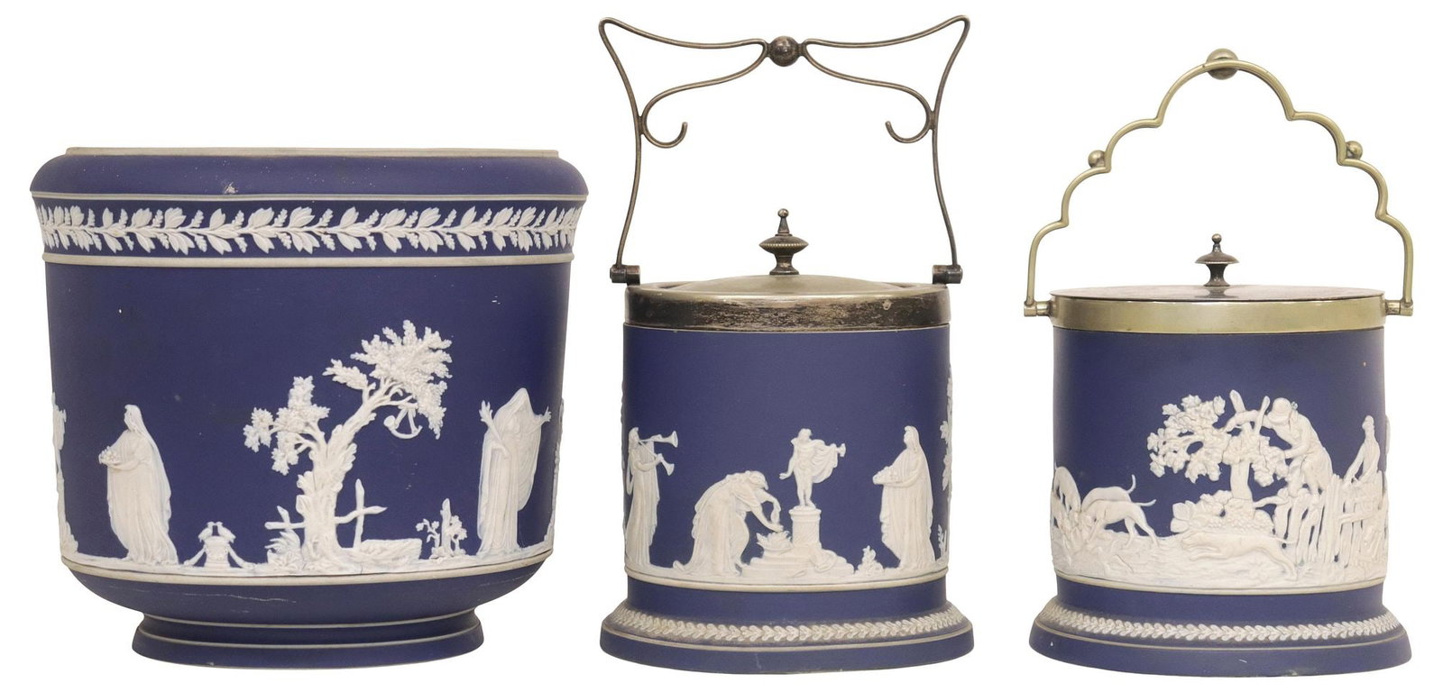 (3) ENGLISH WILLIAM ADAMS JASPERWARE BISCUIT BARRELS & PLANTER (1 of 7)