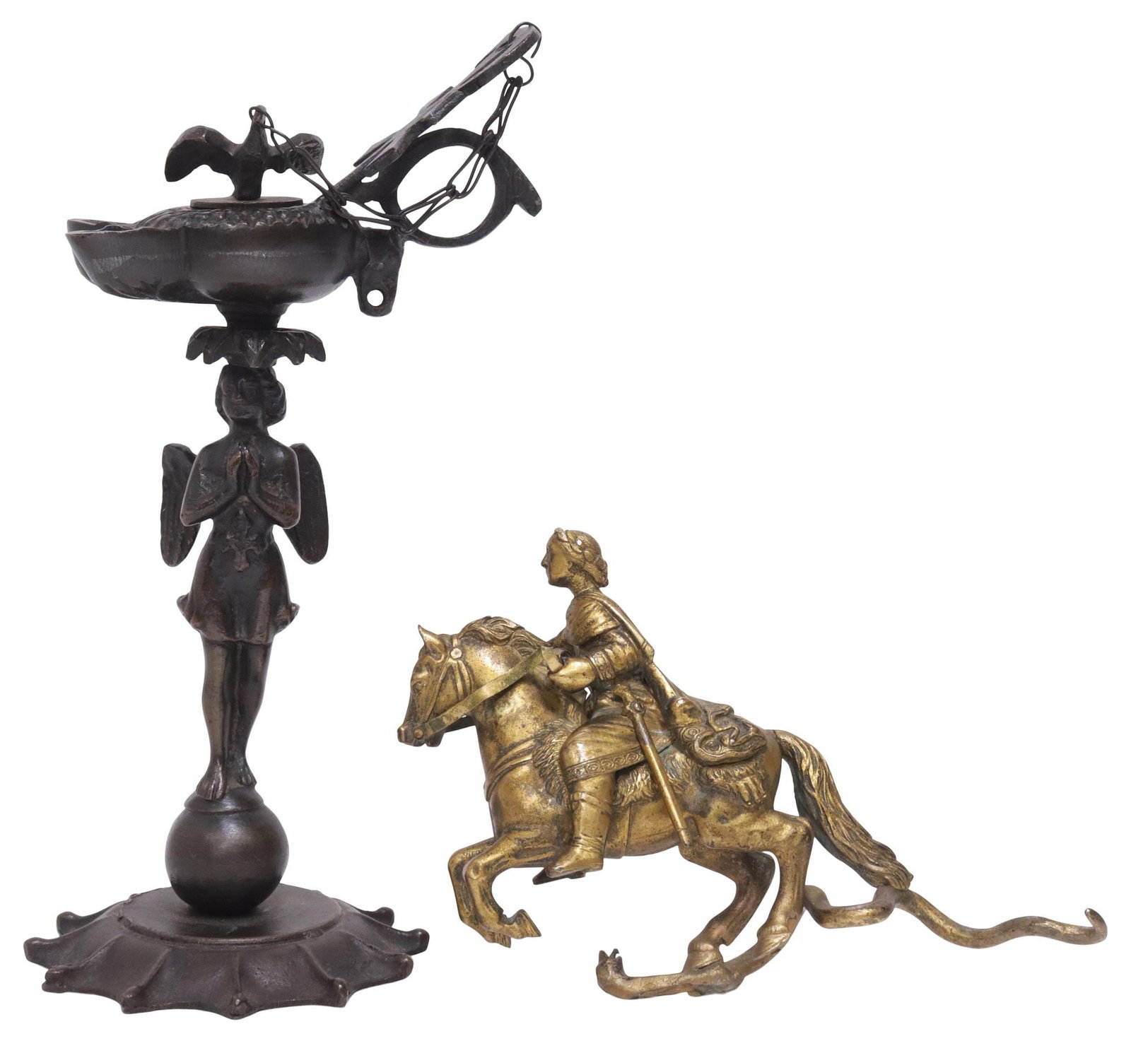 (2) PATINATED BRONZE FIGURAL CIGAR LIGHTER & ORMOLU ST. GEORGE FIGURE: (lot of 2) Patinated and gilt-bronze desk accessories, late 19th/ early 20th c., including: (1) cigar lighter, modeled as a winged angel standing atop a celestial orb, surmounted by a double-wick lamp