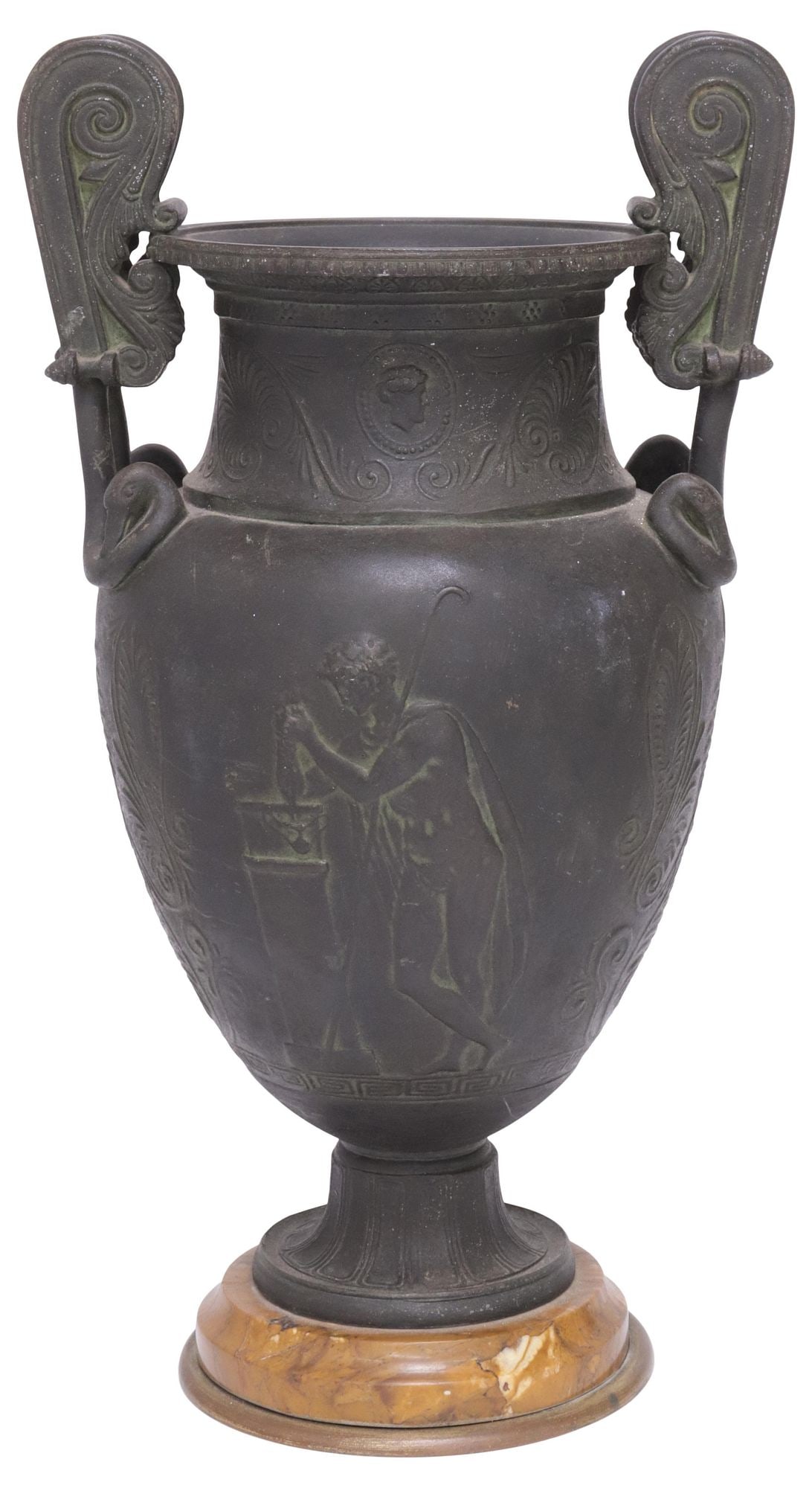 GRAND TOUR CLASSICAL-STYLE PATINATED BRONZE AMPHORA VASE / URN: Grand Tour style patinated bronze amphora vase/ urn, early 20th c., having dual scrolled handles with swan's head terminals, over tapering body with acanthus scrollwork, among Classical figures and po