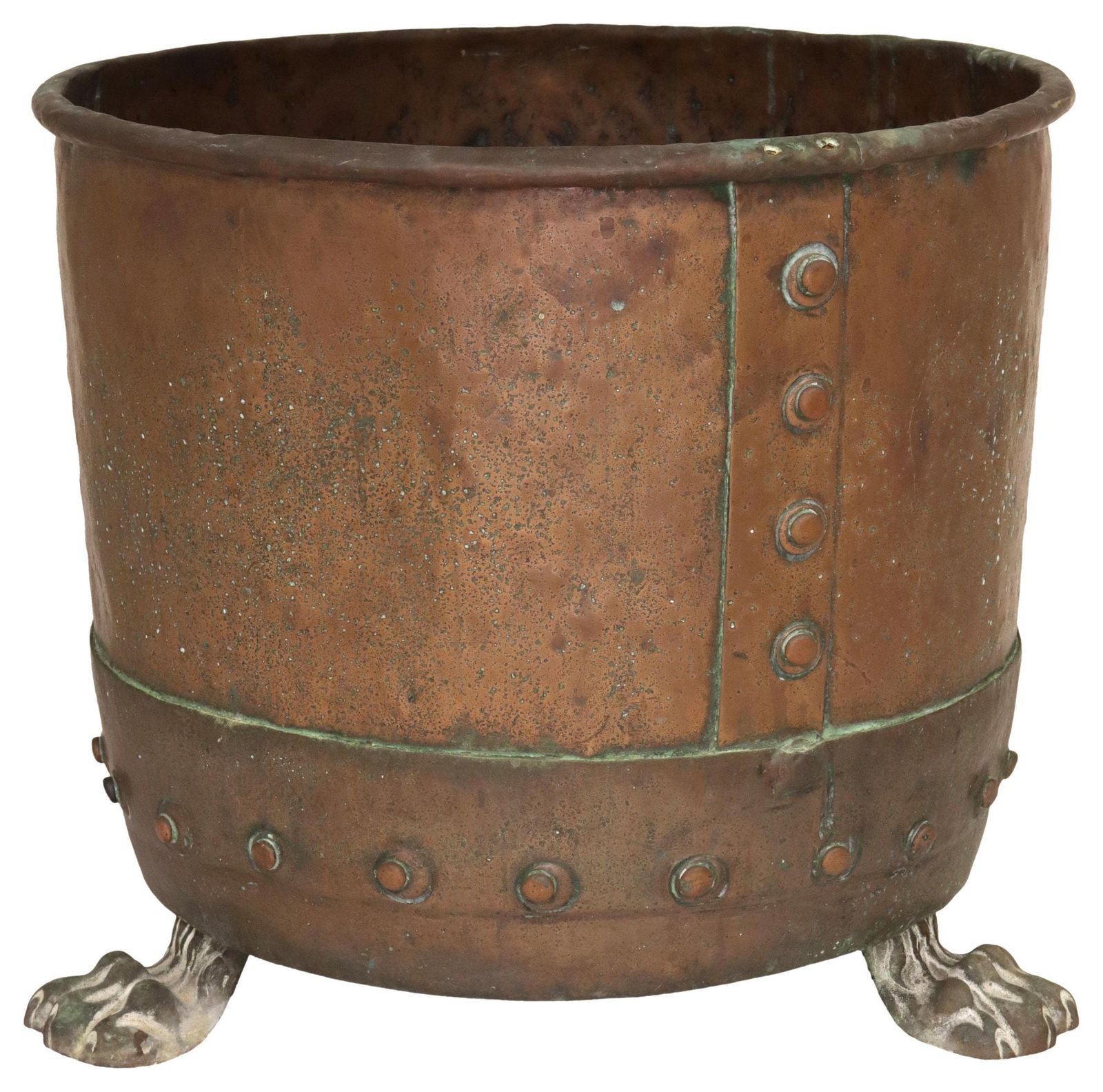 ENGLISH RIVETED COPPER JARDINIERE / PLANTER ON PAW FEET: English copper jardiniere/ planter, 19th c., having textured body with riveted construction, ending on three paw feet, approx 13"h, 14 5/8"w, 14 5/8"d, 10.5lbs