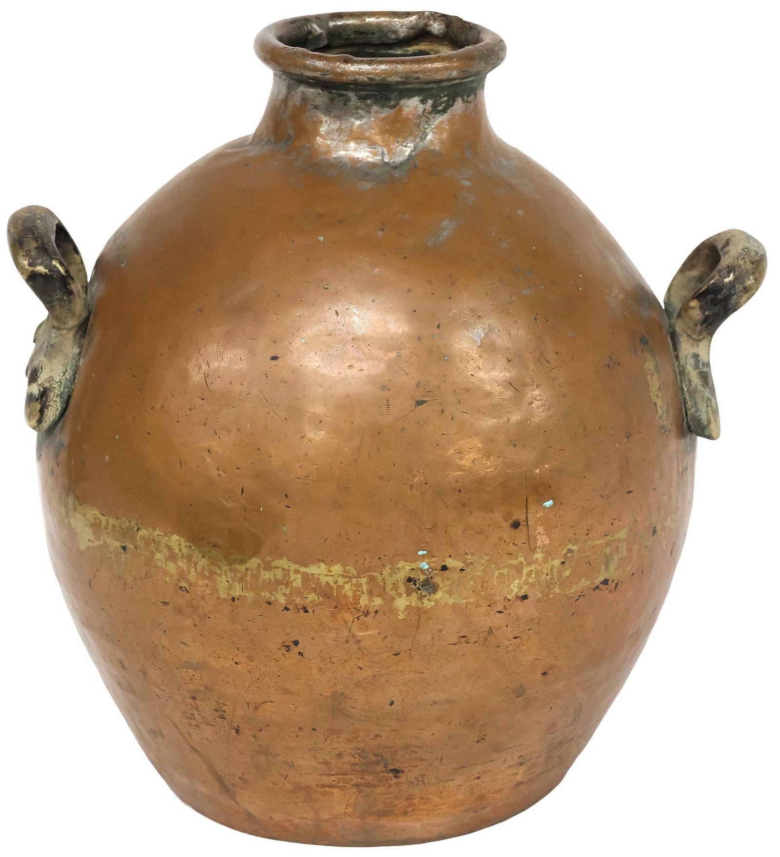 LARGE COPPER & IRON HANDLED POT OR JUG, 16"H (1 of 5)