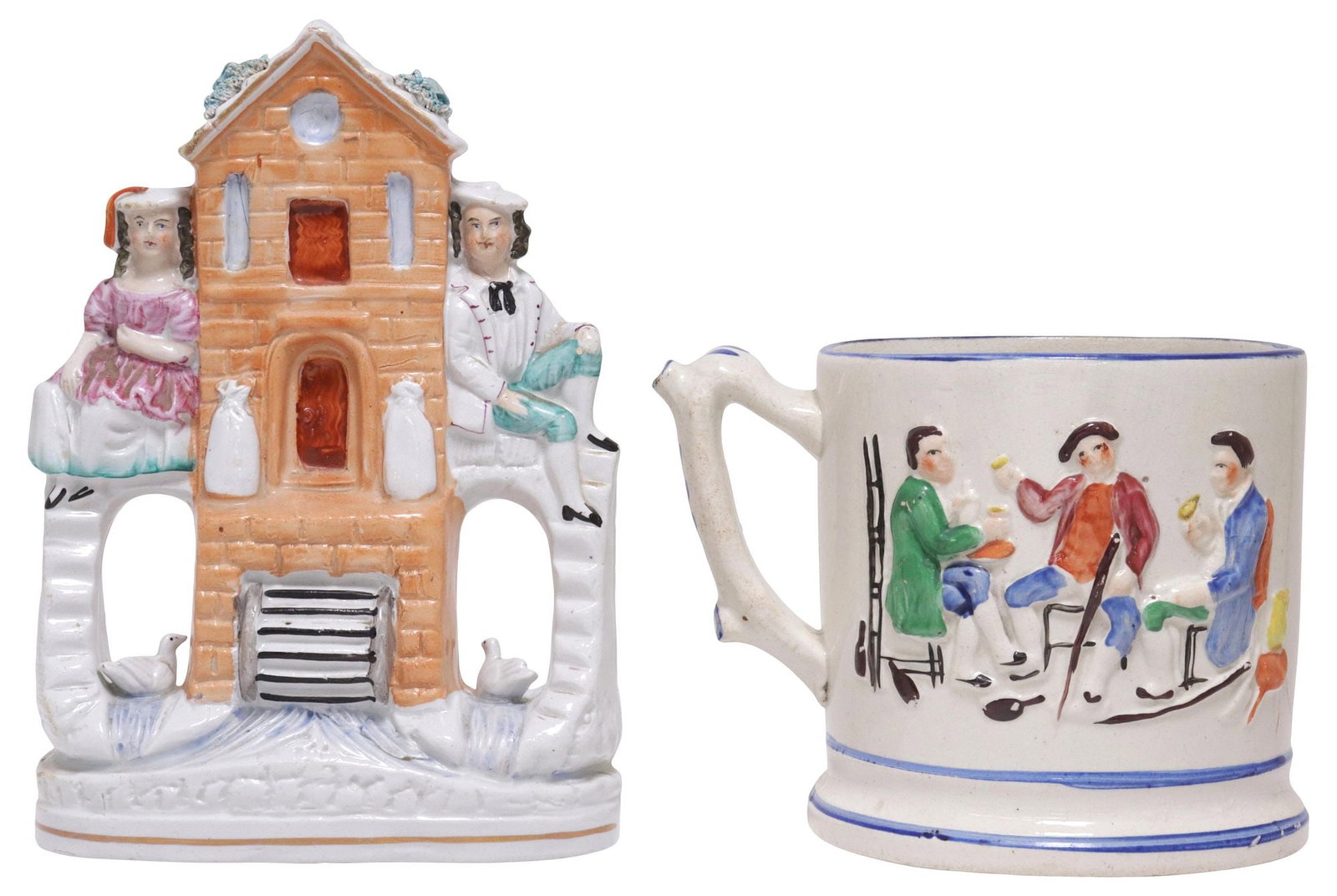 (2) ENGLISH VICTORIAN STAFFORDSHIRE MANTEL FIGURE & 'FROG' MUG: (lot of 2) English Victorian Staffordshire pottery, 19th c., including: (1) flatback mantel figure, modeled as a pair of figures seated on the archways of a watermill with ducks below, approx 9"h, 6.5