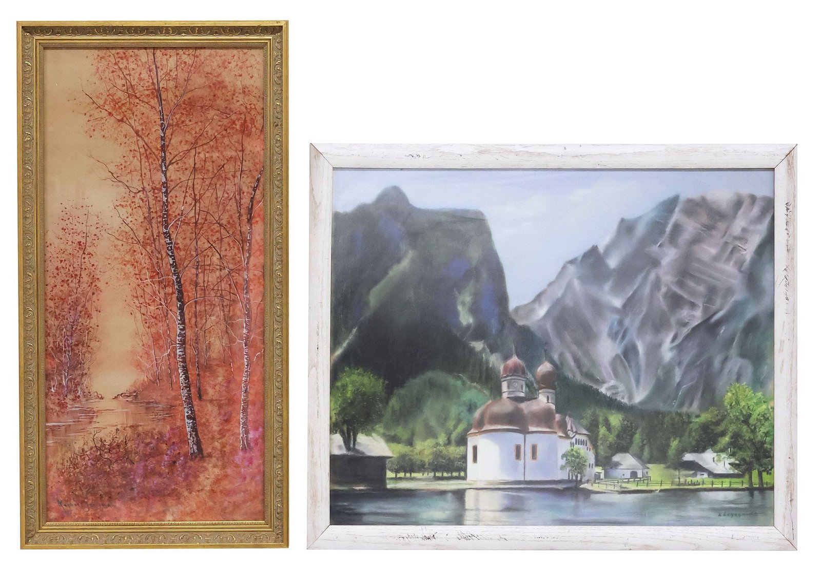 (2) RAPHAEL SENSEMAN (D.1965) WATERCOLOR & OTHER OIL PASTEL LANDSCAPE: (lot of 2) Framed artworks on paper, including: (1) watercolor painting, Autumn Forest Creek Landscape, signed lower left Raphael Senseman (American, 1870-1965), sight: approx 28.5"h, 13.5"w, overall: