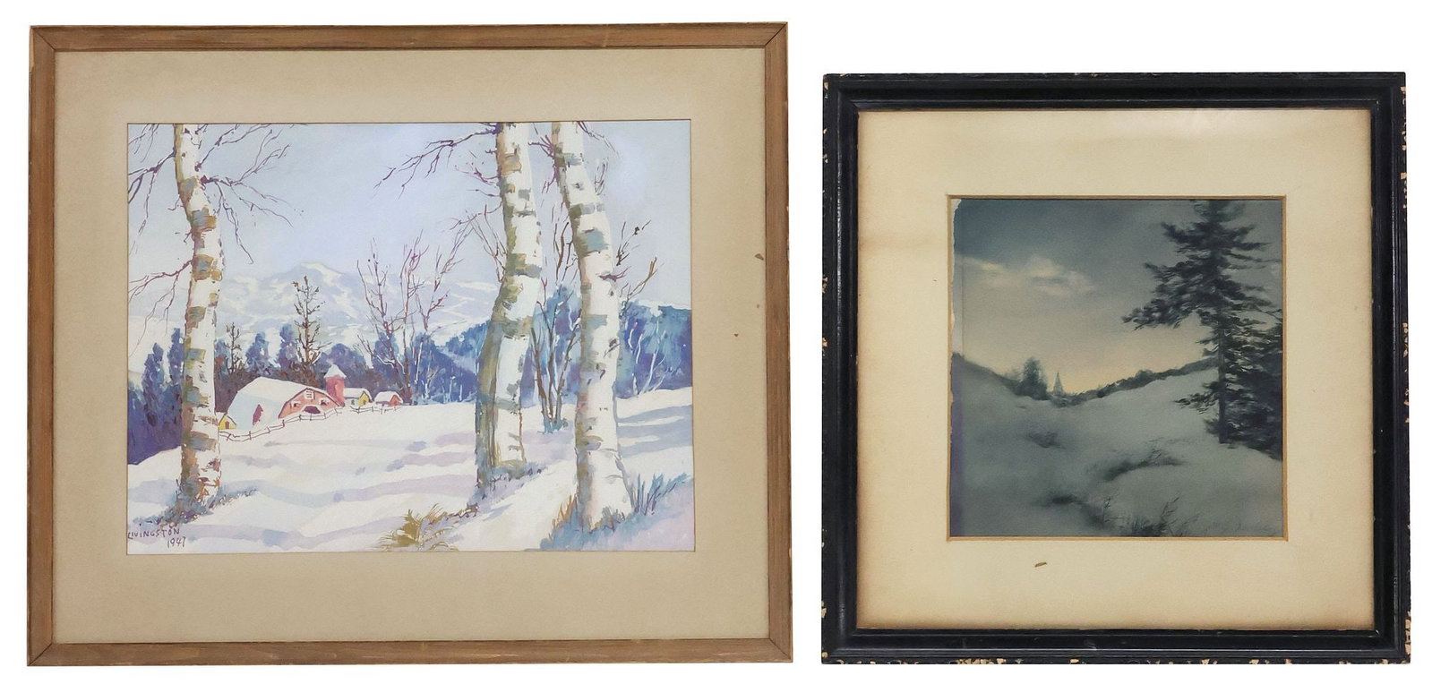 (2) FRAMED PAINTINGS, WINTER LANDSCAPES: (lot of 2) Framed paintings on paper, including: (1) watercolor, A Peaceful Snowy Evening, pencil signed lower left, E.J. Holslag, sight: approx 21 5/8"h, 21.25"w, overall: approx 24 1/8"h, 24 5/8"w; 