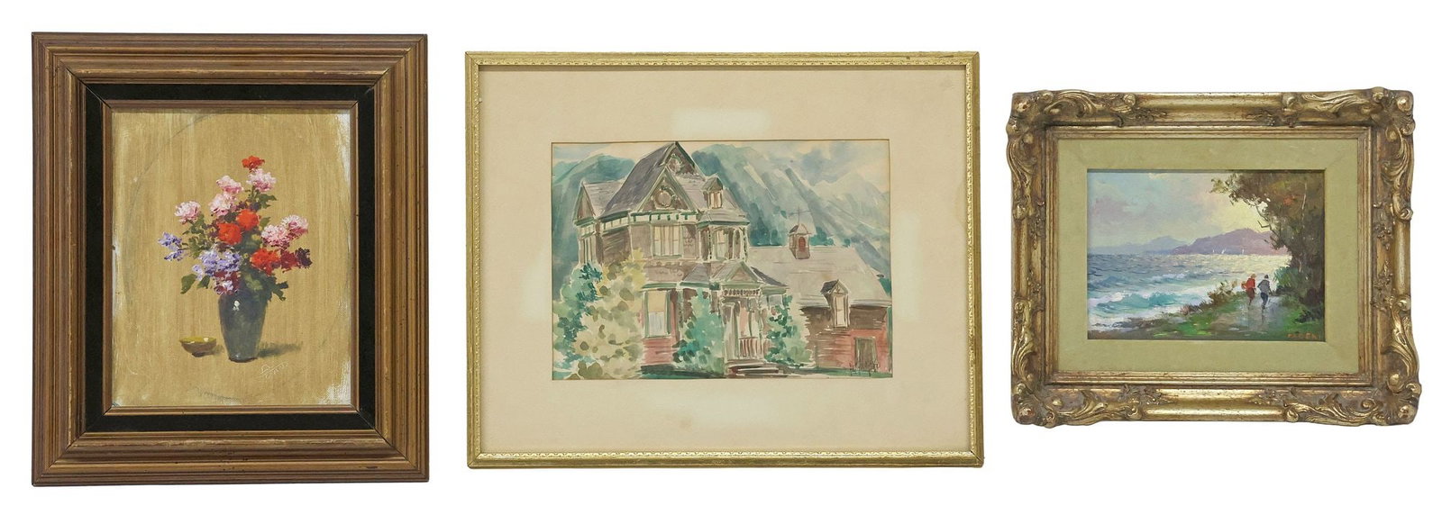 (3) PAINTINGS, FIGURAL COASTAL SCENE, FLORAL STILL LIFE & VICTORIAN HOUSE: (lot of 3) Framed paintings, including: (1) oil on canvas, Still Life of Flowers, signed lower right Dan, attributed to A.D. Greer (Aubrey Dale Greer, Texas, 1904-1998), (1) oil on canvas, Figural Coa