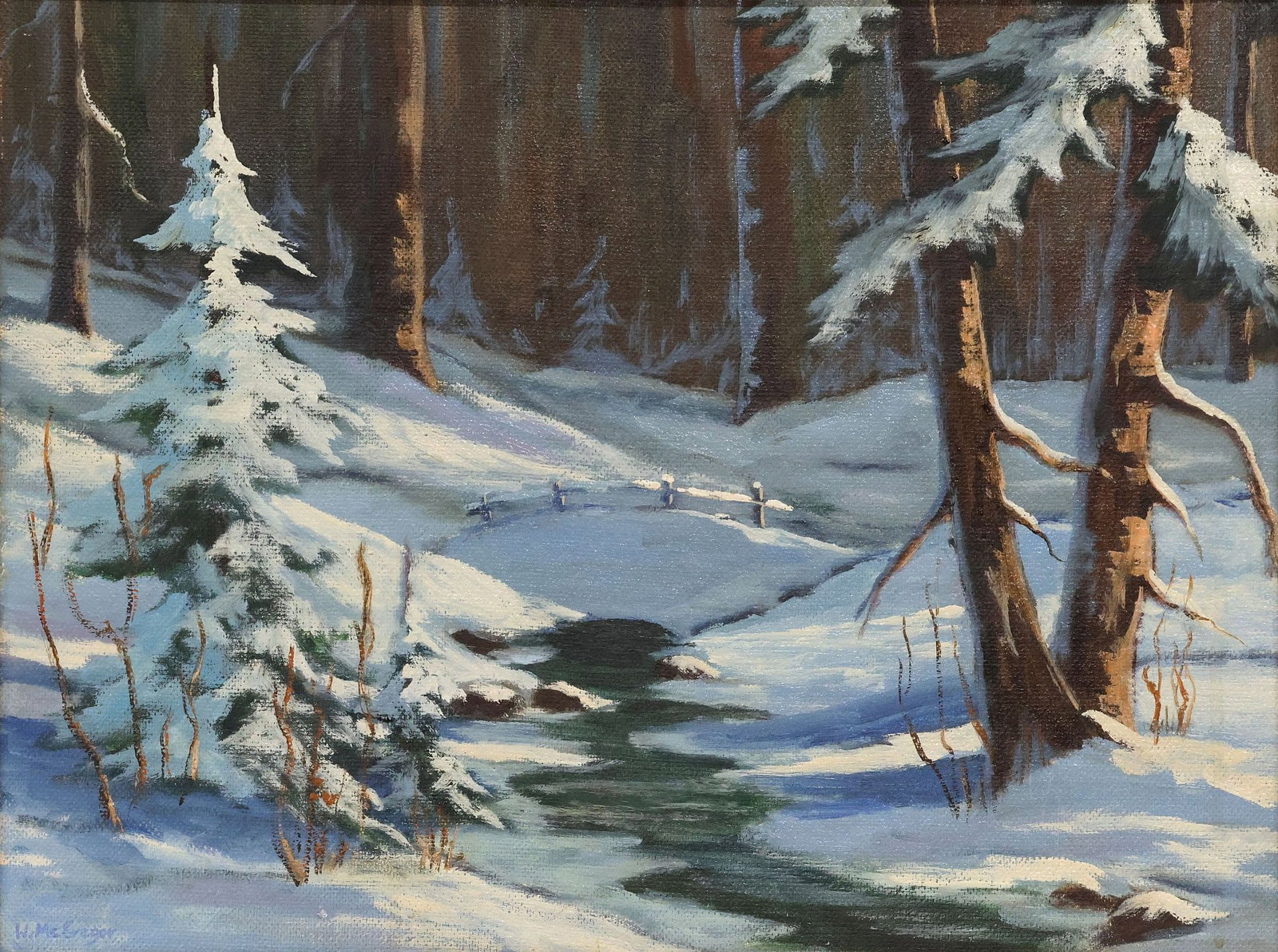WILLIAM MACGREGOR (D.1923) OIL PAINTING, WINTER LANDSCAPE: Framed oil on canvas painting, Winter Landscape, signed lower left W. MacGregor (William York MacGregor, Scottish, 1855-1923), sight: approx 17.5"h, 23.5"w, overall: approx 23 3/8"h, 29.5"w, 3.5lbs