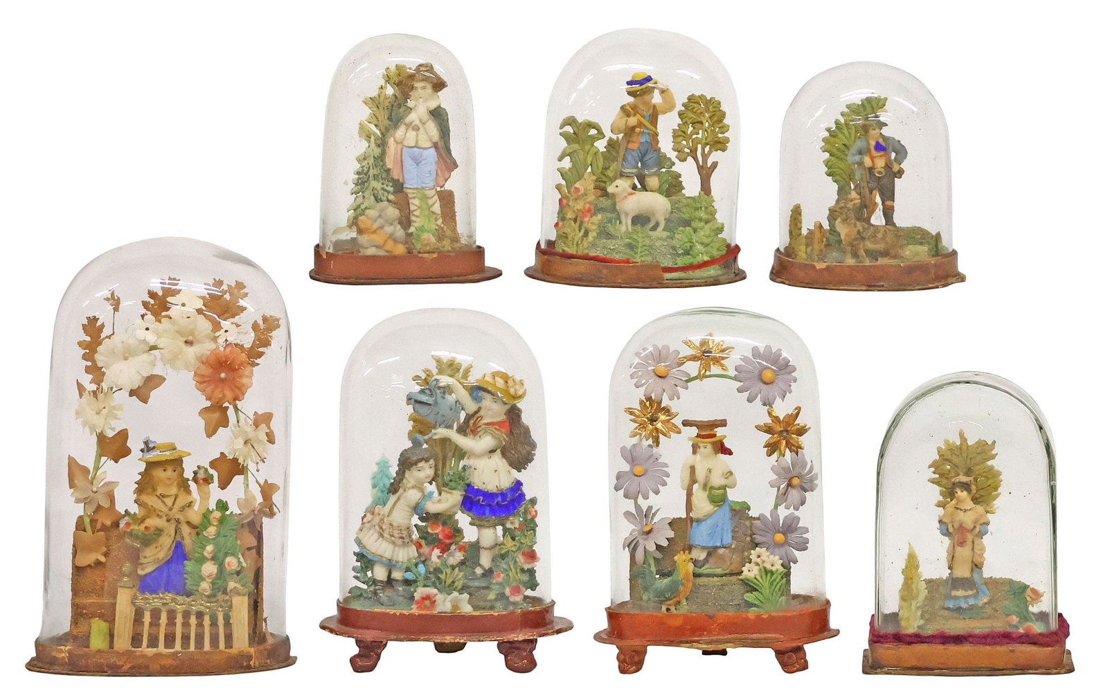 (7) VICTORIAN WAX FIGURE VALENTINE WHIMSIES IN GLASS DOMES (1 of 6)