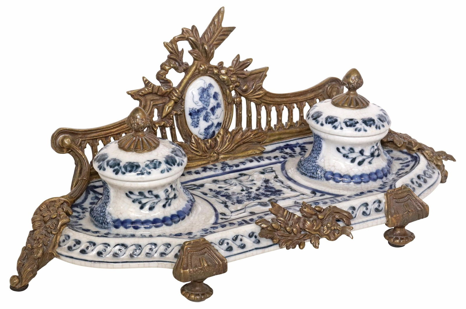 METAL-MOUNTED BLUE & WHITE PORCELAIN DOUBLE-INKWELL DESK STAND (1 of 5)
