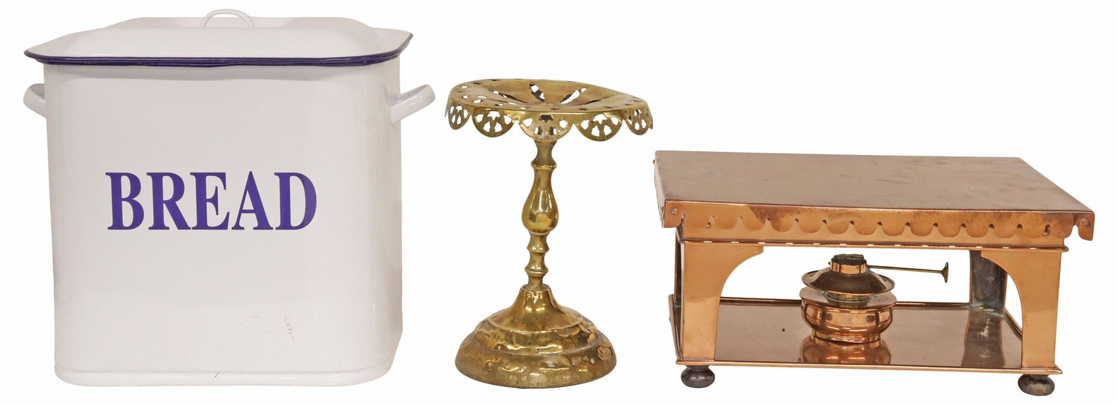 (3) ENGLISH KITCHENWARE, COPPER CHAFING DISH STAND, BRASS TRIVET & BREAD BIN (1 of 12)