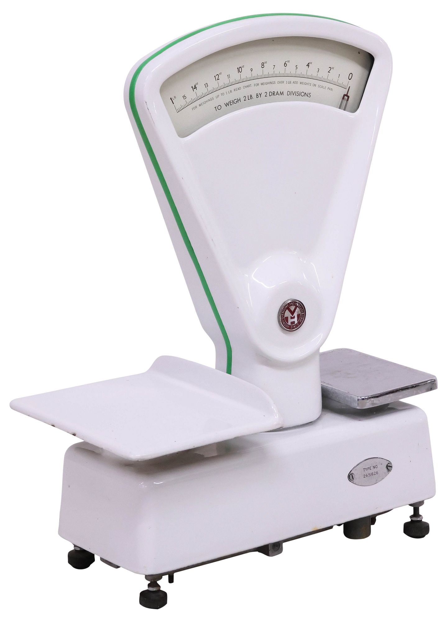 ENGLISH VANDOME & HARTLAND LTD. ENAMELED SHOP COUNTER SCALE: Grocers' or butchers' shop scale, Vandome & Hart Limited., London, early 20th c., white and green porcelain enamel, topped by central glass window with 2lb measurements, approx 26"h, 19"w, 10.5"d