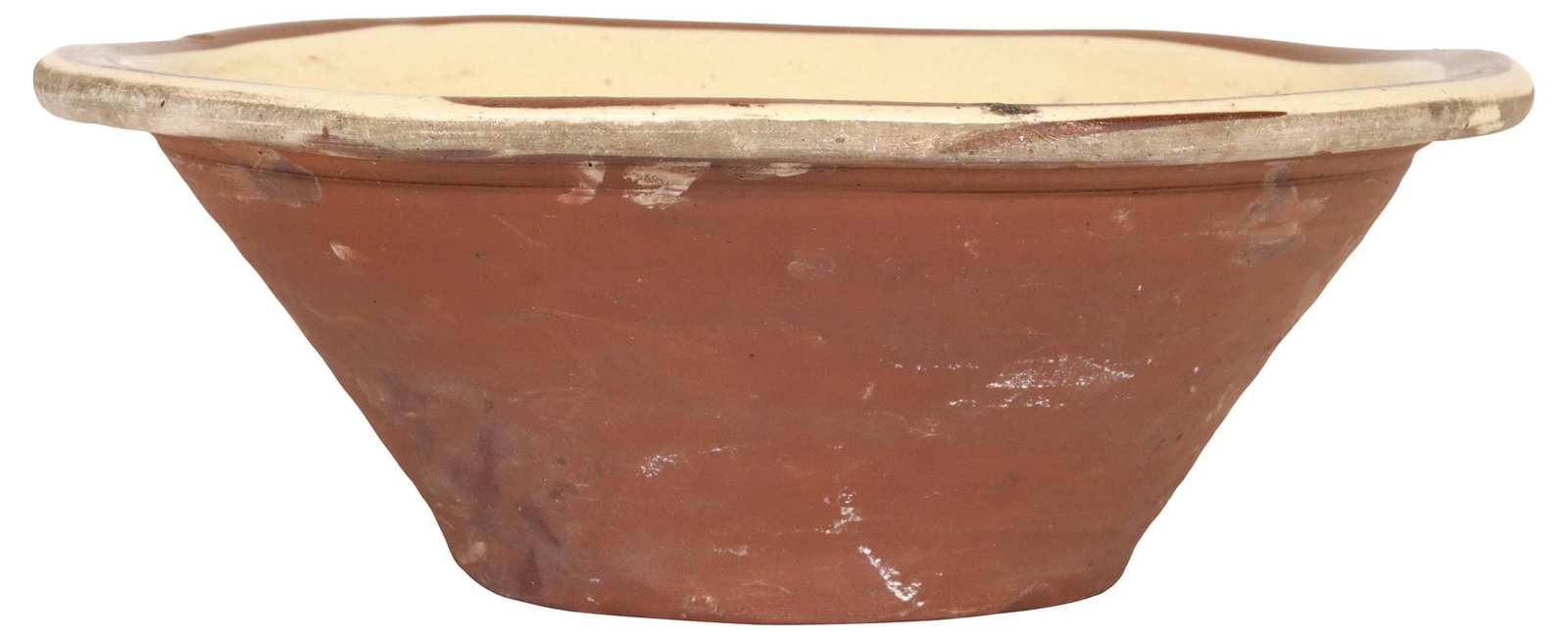 ENGLISH TERRACOTTA YELLOW SLIP GLAZE DAIRY BOWL / PANCHEON: English terracotta pancheon/ dairy bowl, late 19th c., having circular rim, over tapered body, yellow slip glaze interior, approx 5"h, 14"diam, 5.75lbs