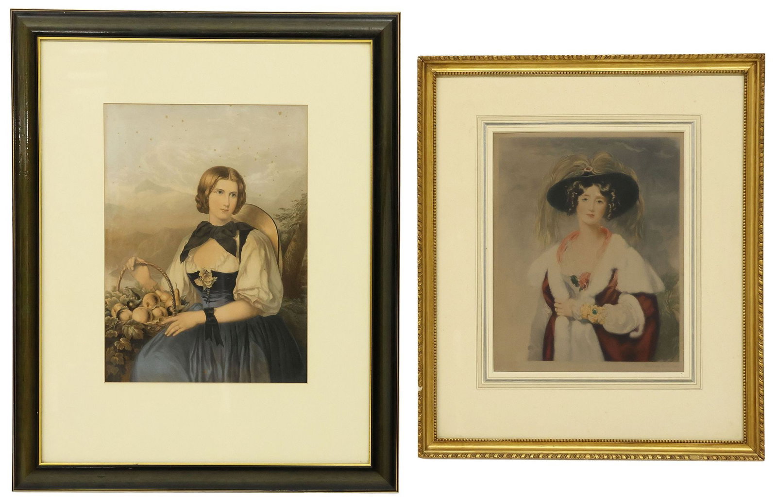 (2) ENGLISH PRINTS, FEMALE PORTRAITS AFTER GEORGE BAXTER & SIR THOMAS LAWRENCE: (lot of 2) Framed English School color prints on paper, including: (1) hand-colored mezzotint, "Portrait of Julia, Lady Peel," after Sir Thomas Lawrence (English, 1769-1830), engraved by Sydney Ernest
