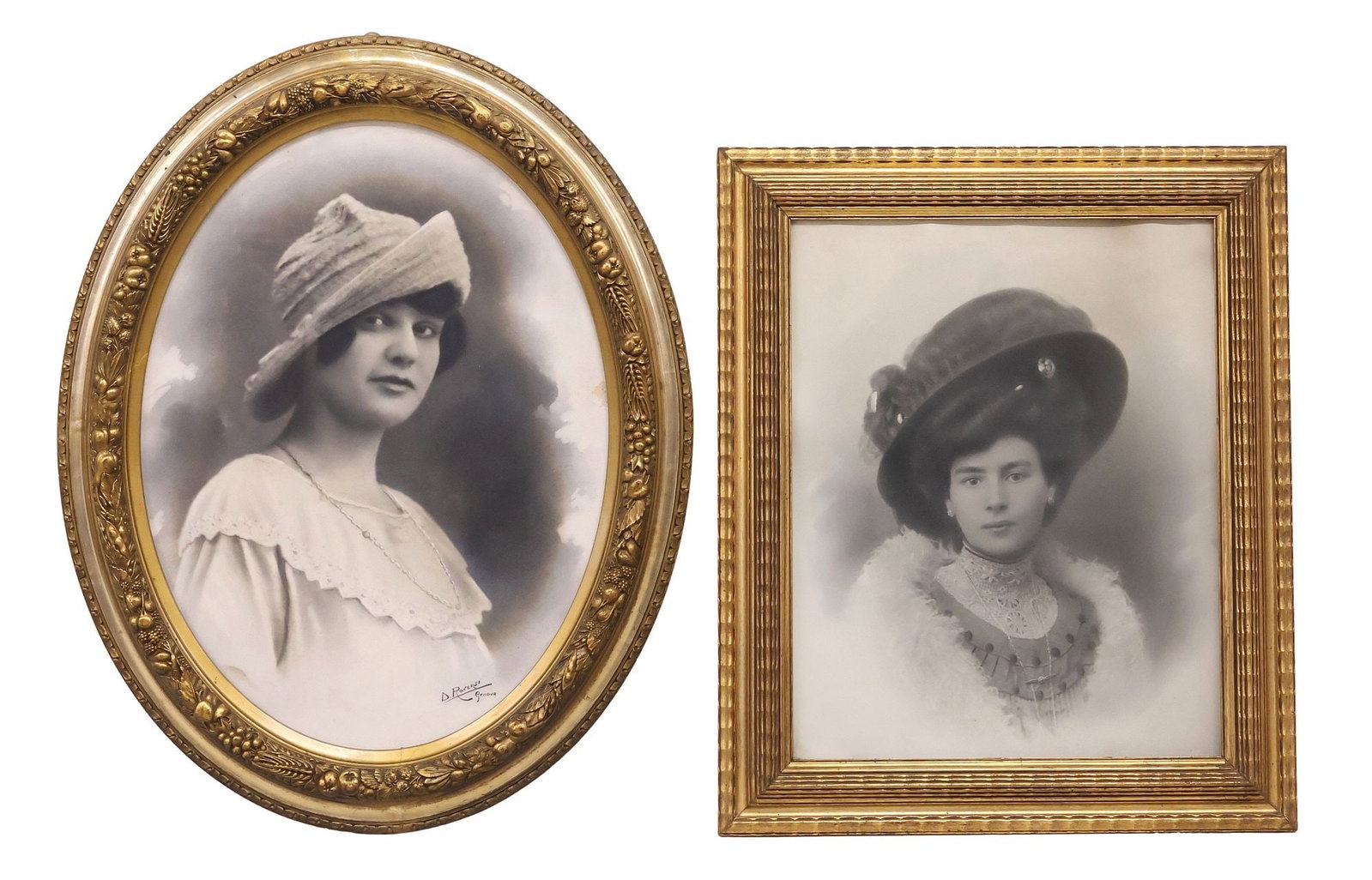 (2) EMBELLISHED BLACK & WHITE PHOTOGRAPHIC PRINTS, FEMALE PORTRAITS: (lot of 2) Framed embellished black and white photographic prints, each behind glass, including: (1) Woman in Hat, signed lower right D. Roversi, Genova, in ovular molded giltwood frame, sight: