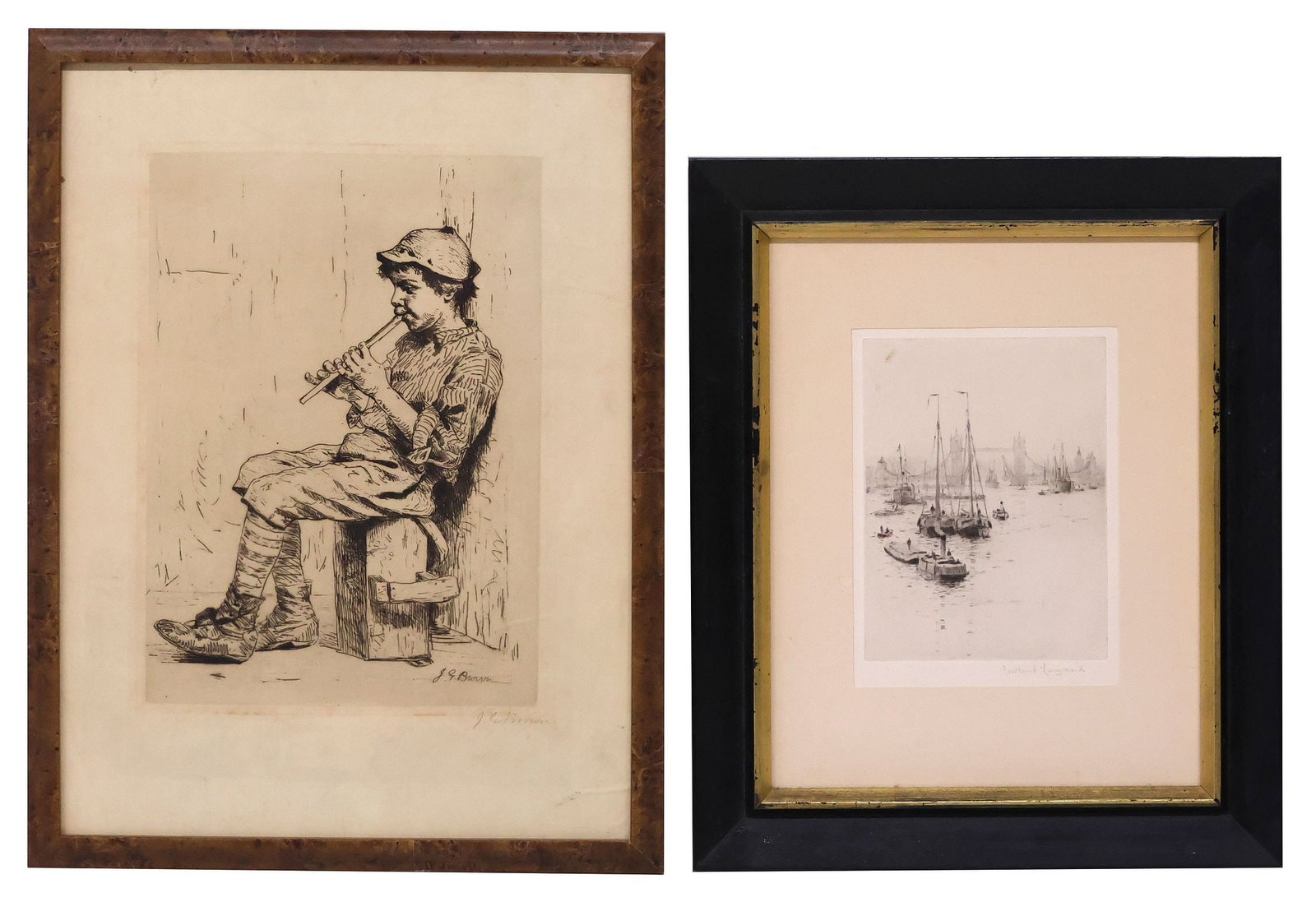 (2) BRITISH ETCHINGS, JOHN GEORGE BROWN (D.1913) & ROWLAND LANGMAID (D.1956): (lot of 2) Framed etchings on paper, including: (1) etching with drypoint, "Business Neglected," pencil signed lower right J.G. Brown (John George Brown, English, American, 1831-1913), additional
