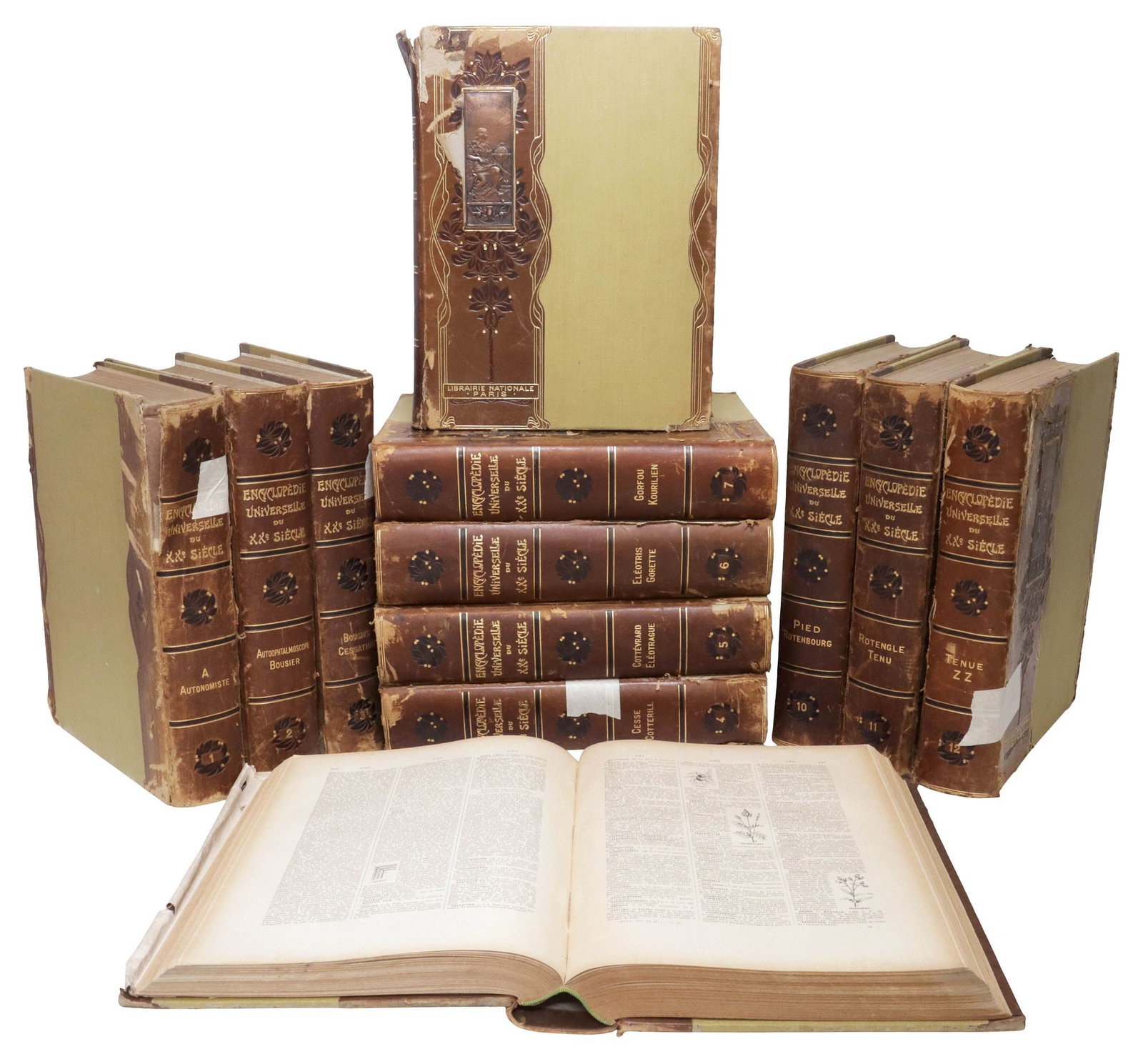 (12) FRENCH ART NOUVEAU LIBRARY SHELF BOOKS, ENCYCLOPEDIAS OF THE 20TH CENTURY: (lot of 12) French library shelf books: "Encyclopedie Universelle du XXe Siecle (Universal Encyclopedia of the 20th Century)," complete in twelve volumes, each with leather spine, gilt-embossed