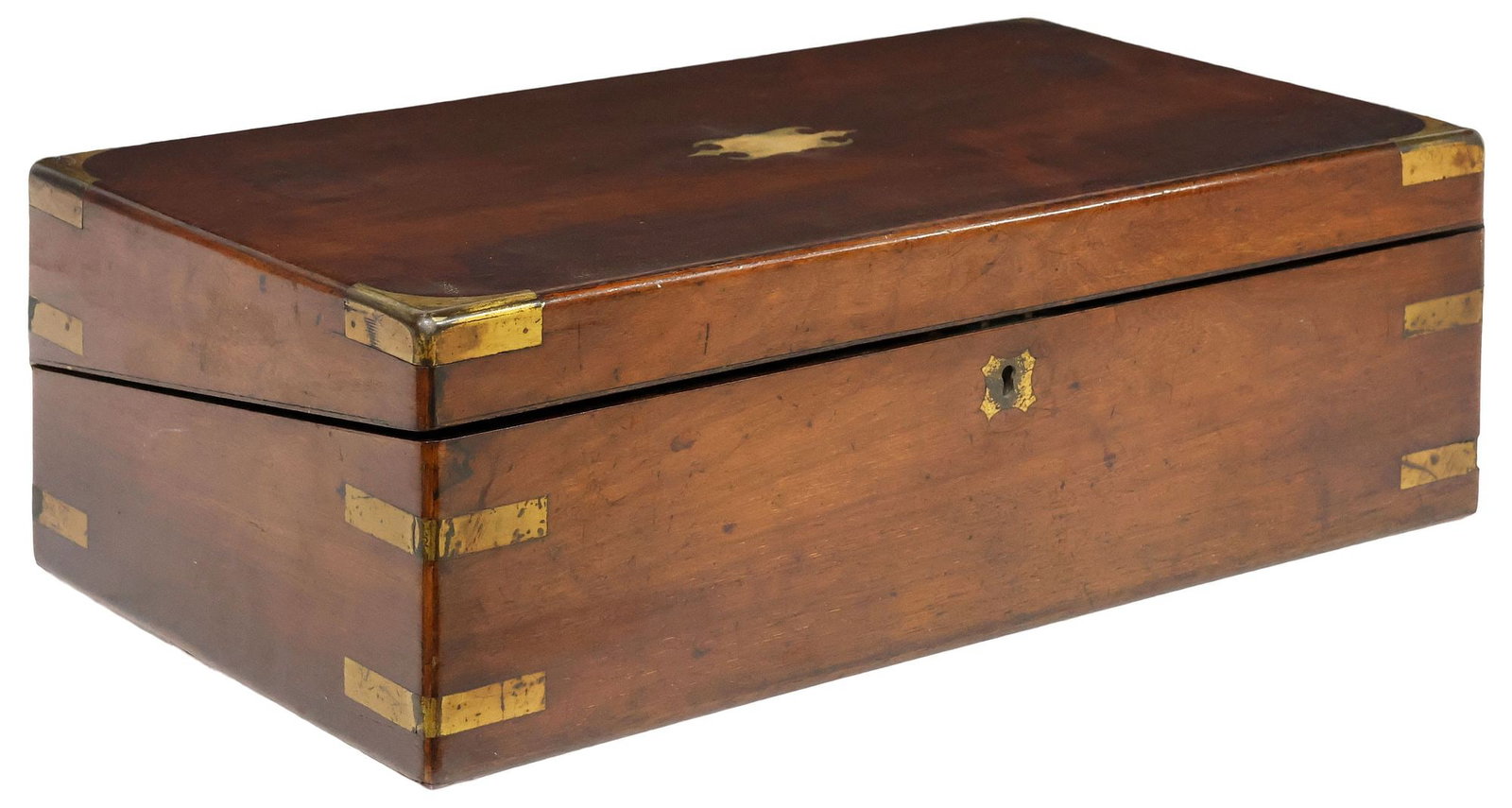 ENGLISH BRASS-BOUND MAHOGANY WRITING SLOPE / TRAVEL DESK: English brass-bound mahogany writing slope, late 19th c., the rectangular lid centering an engraved cartouche, ?TC Gzod?, dated 1880, brass-mounted corners and straps, fitted interior with pencil