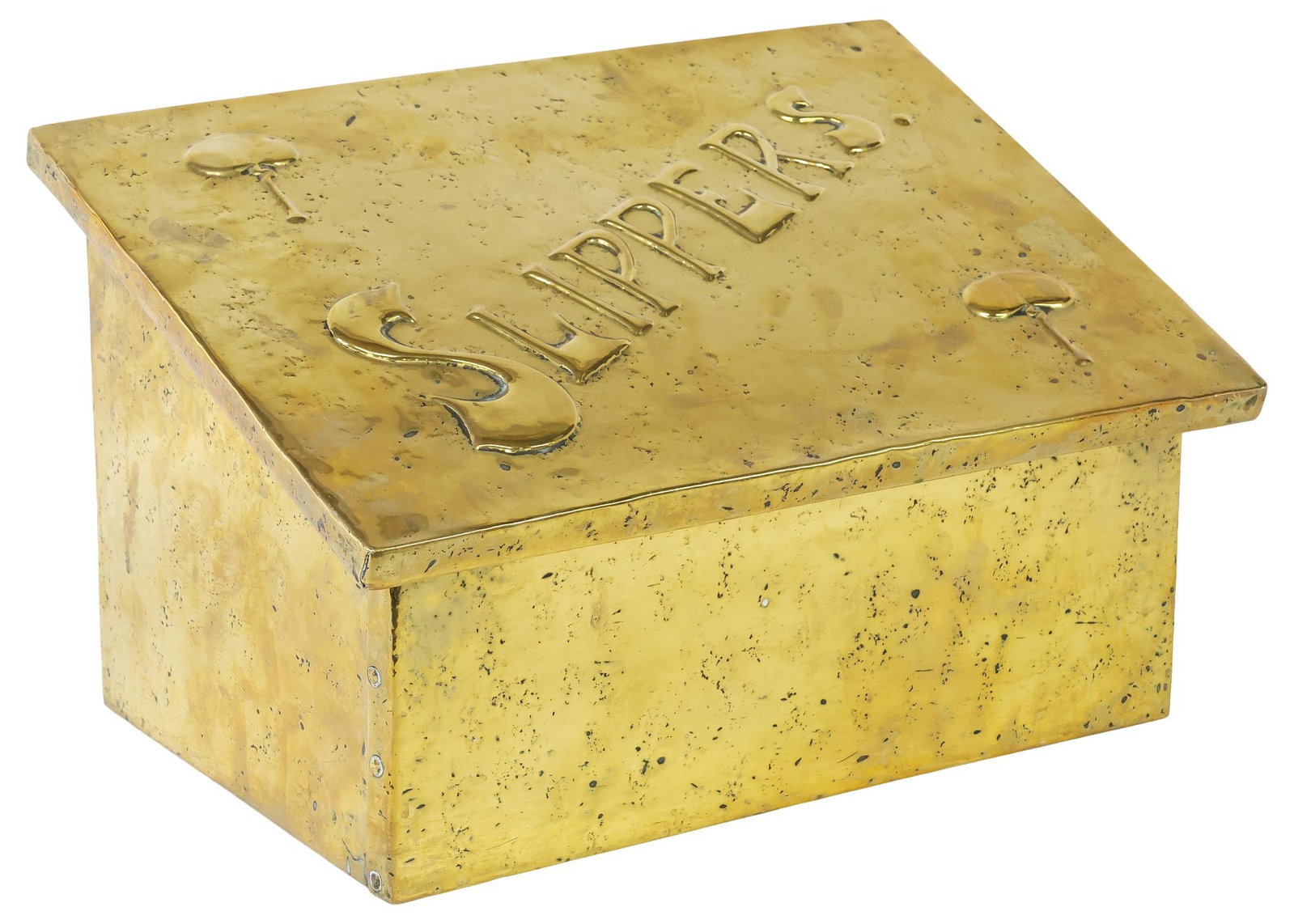 ENGLISH REPOUSSE BRASS-CLAD WOOD SLIPPER BOX: English brass-clad wood slipper box, early 20th c., having slanted top with repousse inscription "Slippers," revealing open interior, approx 9.5"h, 16"w, 10.5"d, 9.5lbs