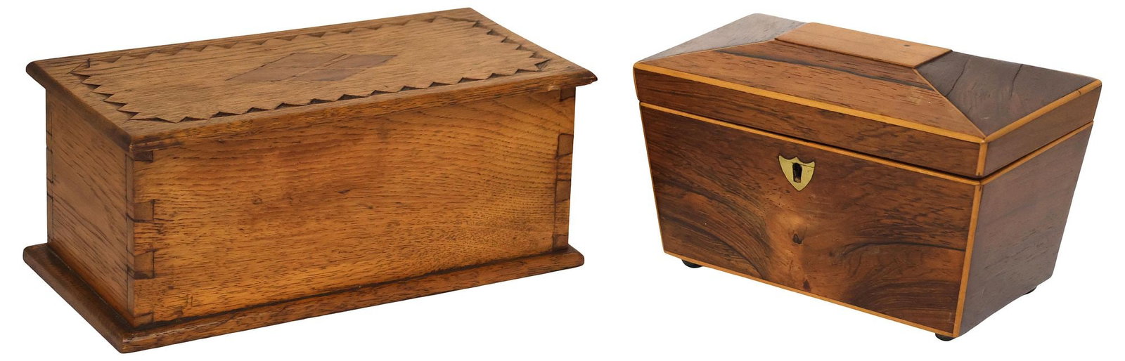 (2) ENGLISH TABLE BOXES, 1 OAK W/GEOMETRIC INCISING, 1 MAHOGANY (1 of 5)