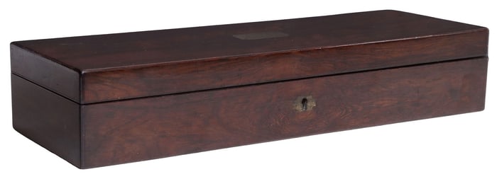 ENGLISH VICTORIAN ROSEWOOD FITTED TABLE BOX, DATED 1867
