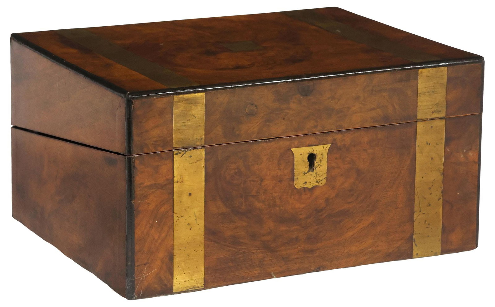 ENGLISH BRASS-BOUND BURLED WALNUT WRITING SLOPE / TRAVEL DESK (1 of 7)