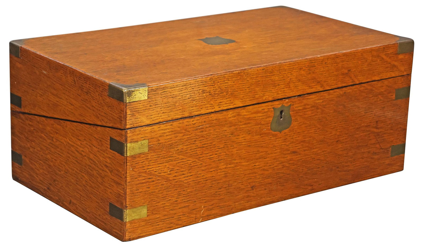 ENGLISH BRASS-BOUND OAK WRITING SLOPE / TRAVEL DESK: English brass-banded oak writing slope/ travel desk, 19th c., lid with brass escutcheon reading "G.G. Smith from All Saints teachers 1899," opening to interior with gilt-embossed black leather