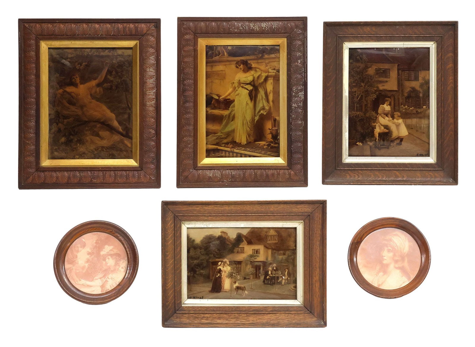 (6) FRAMED PRINTS, ENGLISH VICTORIAN CRYSTOLEUMS & MINIATURE PORTRAITS: (lot of 6) Framed prints on paper, each encased behind glass, including: (4) Victorian crystoleums, all signed in print at lower corner, (two) after Arthur Langley Vernon (English, 1871-1922), depicti