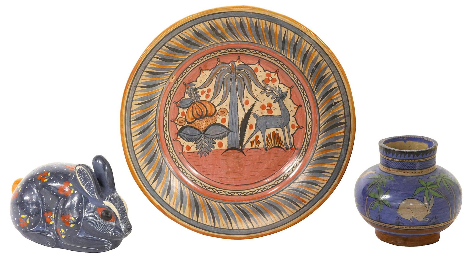 (3) TONALA MEXICO FOLK ART POTTERY VASE, CHARGER, & RABBIT STATUETTE: (lot of 3) Polychrome folk art glazed pottery, Tonala, Mexico, 20th c., each with floral and foliate motifs, including: (1) rabbit figure, signed underfoot J. Lene, approx 4.75"h, 4"w, 9"d; (1) charge