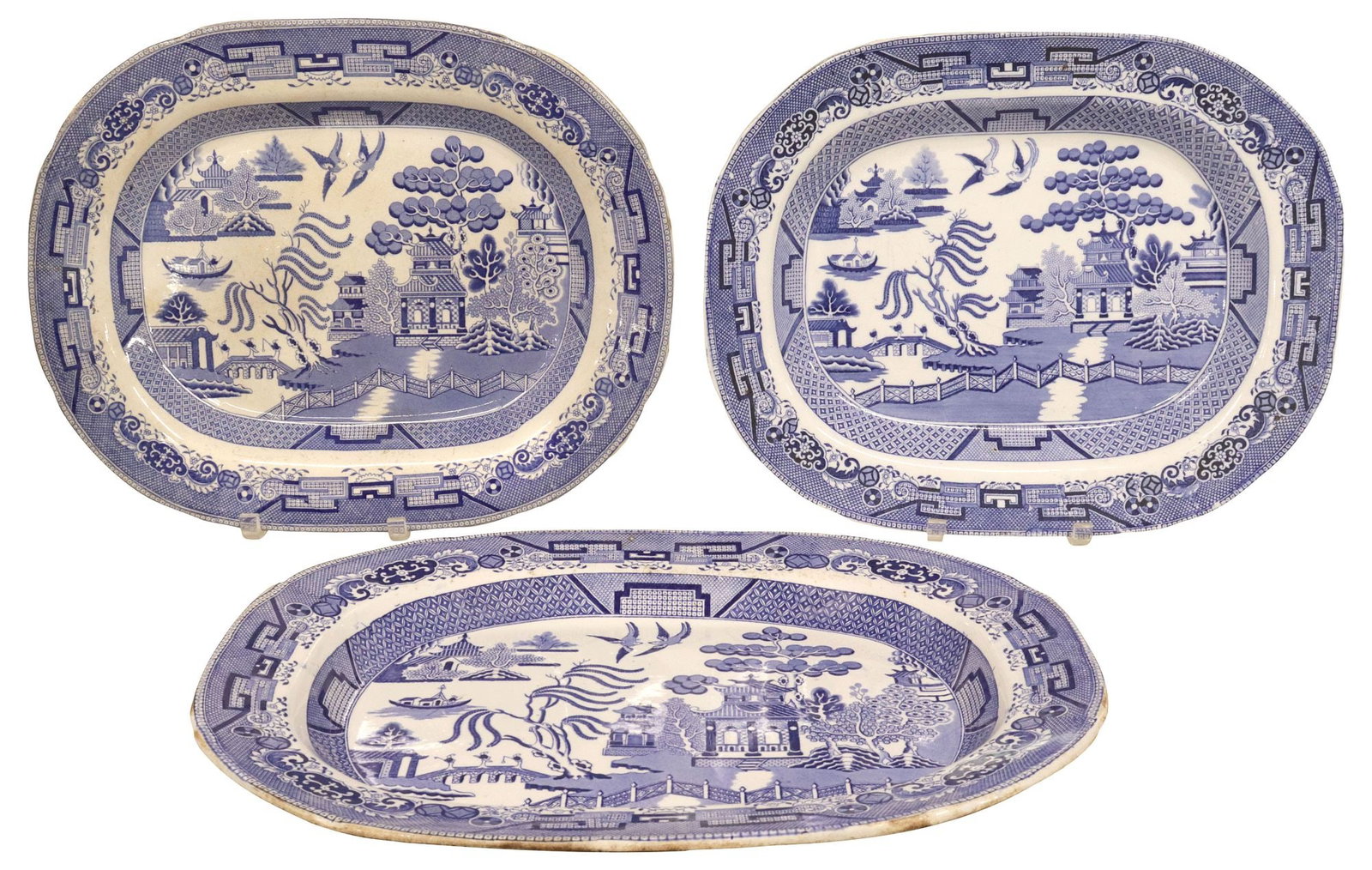 (3) ENGLISH STAFFORDSHIRE TRANSFERWARE 'BLUE WILLOW' PLATTERS (1 of 5)