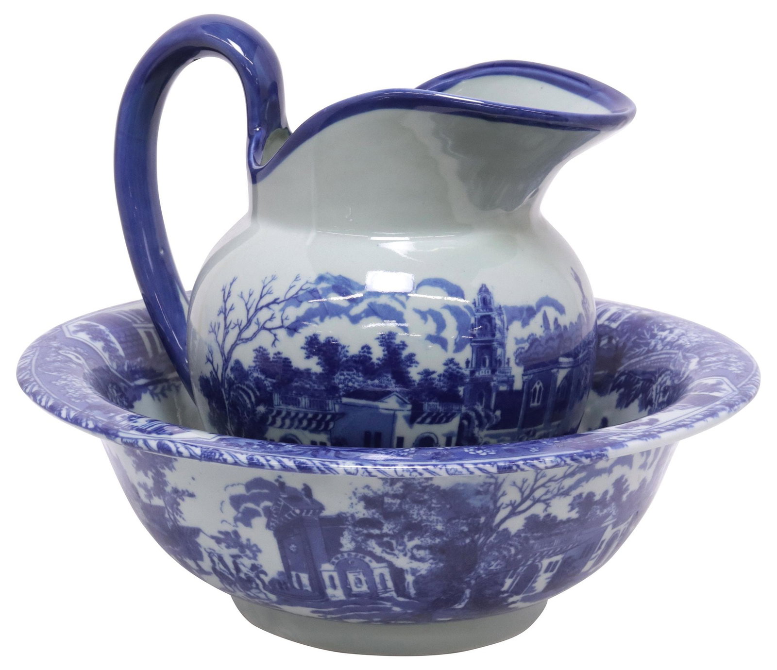 (2) DECORATIVE BLUE & WHITE TRANSFERWARE WASH JUG & BOWL (1 of 7)
