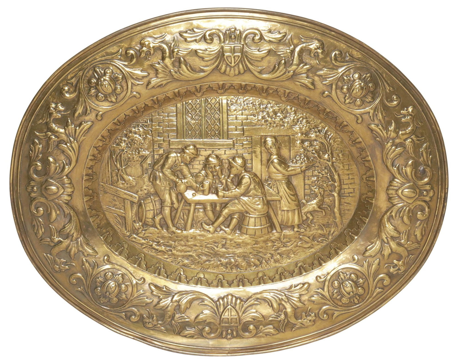 LARGE DUTCH BRASS REPOUSSE WALL PLAQUE, PUB / TAVERN SCENE: Large Dutch repousse wall plaque, early 20th c., having foliate and shield motif border, surrounding central tavern/ pub scene, wall hanger verso, approx 22"h, 27.25"w, 1.5"d, 3lbs