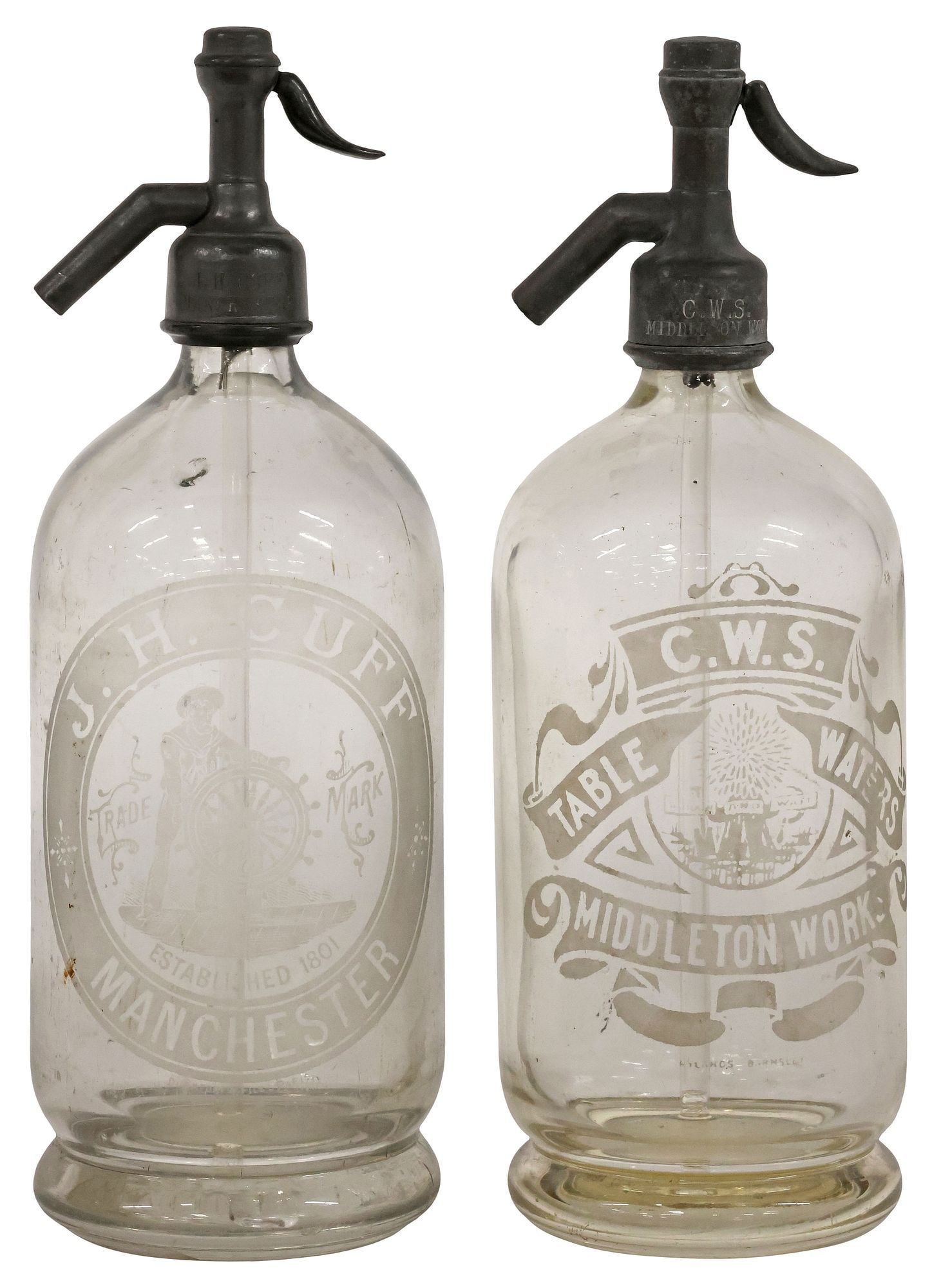(2) ENGLISH ETCHED GLASS SODA SYPHONS / SELTZER BOTTLES (1 of 6)