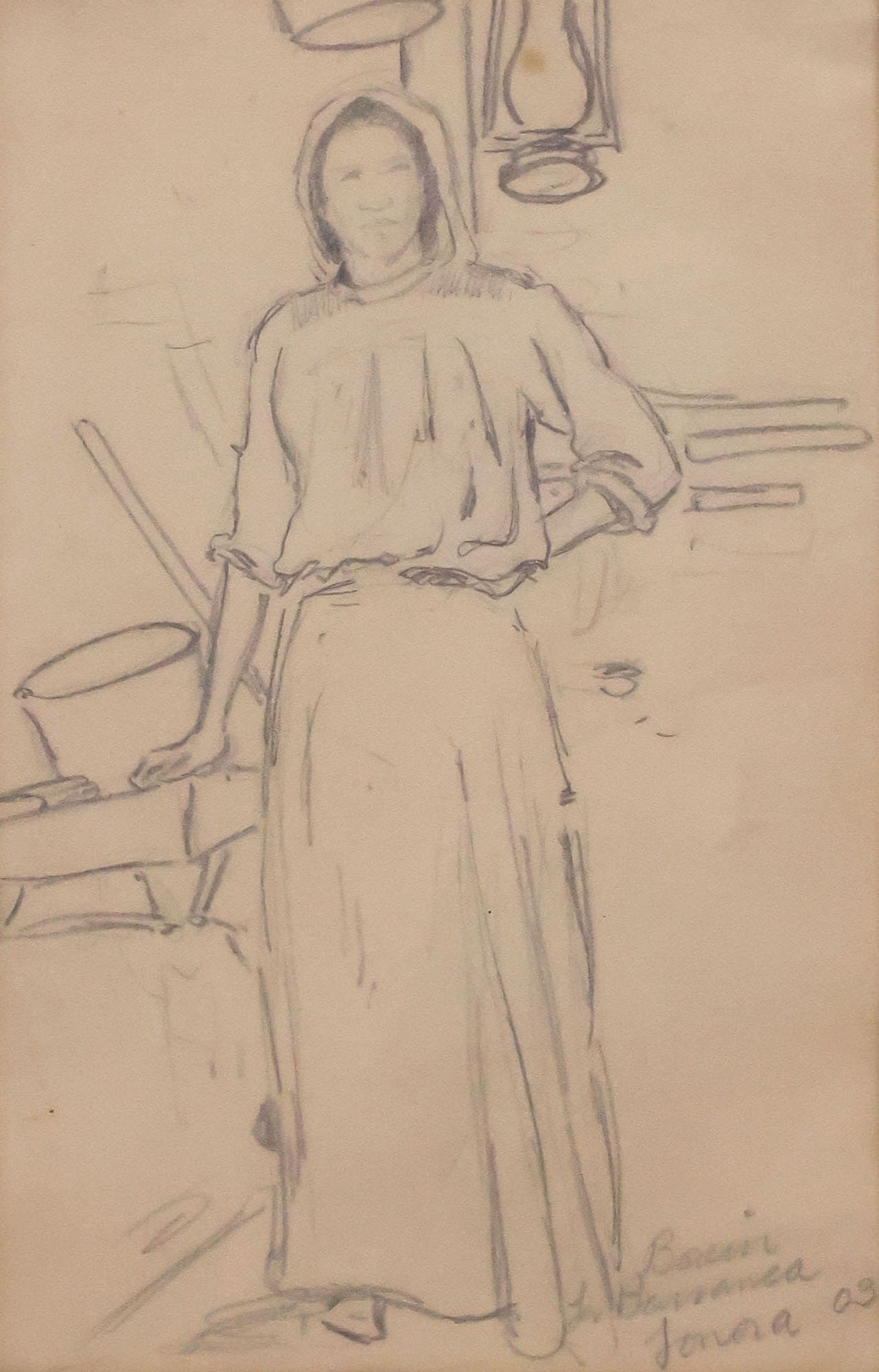EDWARD BOREIN (CALIFORNIA, D.1945) WESTERN DRAWING, FEMALE LABORER: Framed graphite drawing on paper, "La Bassanca Sonora (The Sonora Lowlands)," signed lower right Borein (John Edward Borein, California, 1872-1945), titled under signature, cloth tape mount at each co