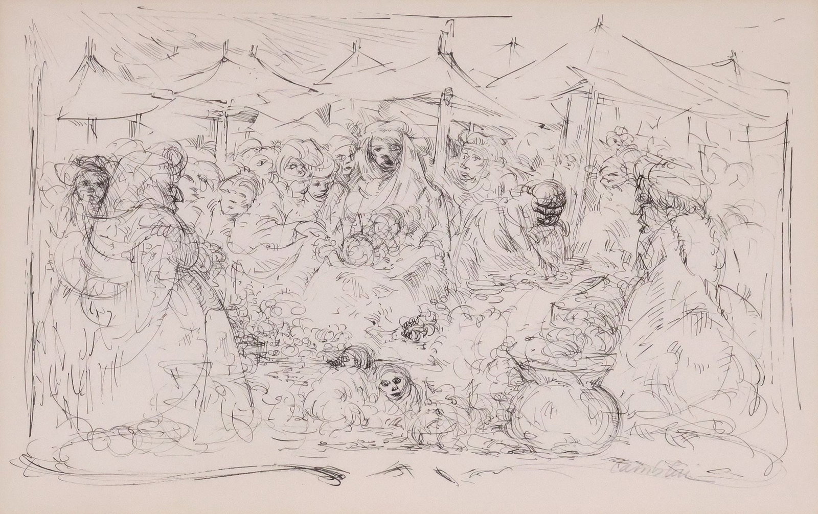 ROBERT CAMBLIN (TEXAS, 1928-2010) INK DRAWING, CROWDED MARKET SCENE: Framed pen and ink drawing on paper, Figures in a Crowded Marketplace, pencil signed lower right Camblin (Robert "Bob" Bilyeu Camblin, American, active in Houston, Texas, 1921-2010), retaining Moody G
