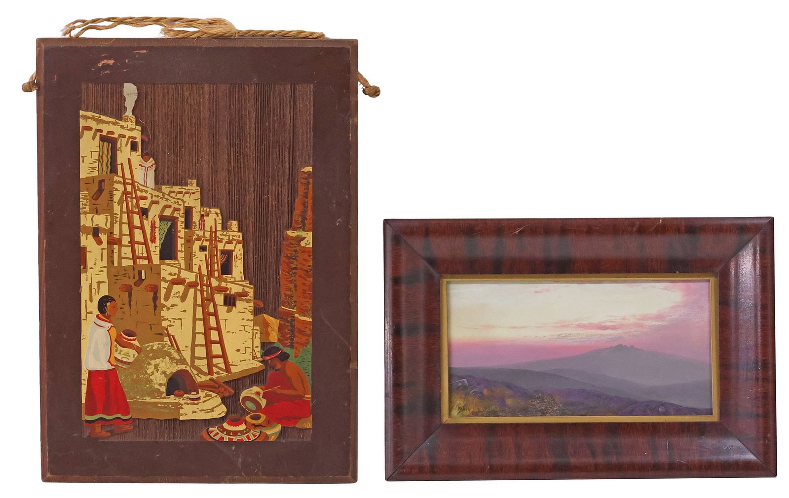 (2) WESTERN OIL PASTEL LANDSCAPE & NATIVE AMERICAN PUEBLO RELIEF PANEL: (lot of 2) Framed Western artwork, including: (1) oil pastel drawing on paper, Southwest Mountain Landscape at Sunset, signed lower left Mackor?, sight: approx 4.75"h, 9.25"w, overall: approx 9"h, 13.